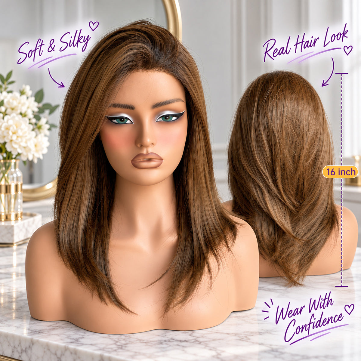 KOME Brown Layered Straight 13x6 Synthetic Lace Front Wig for Women 16IN