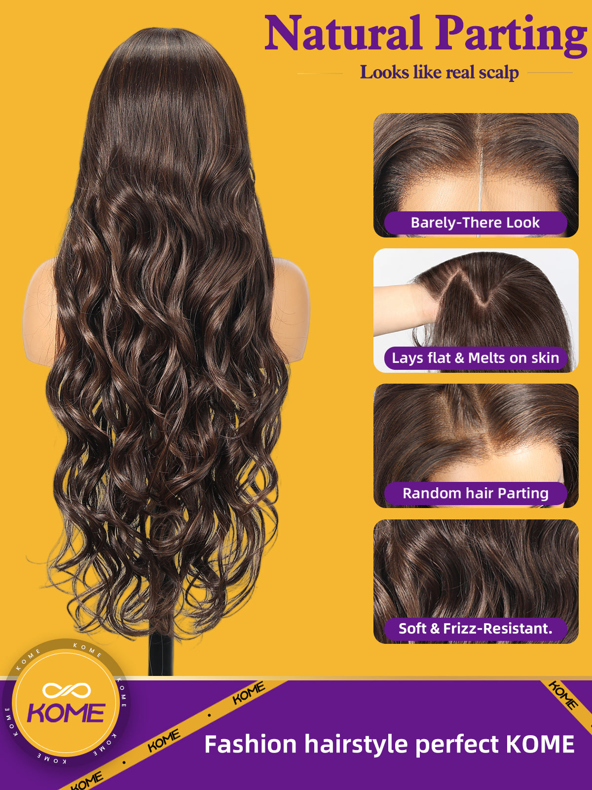 KOME Dark Brown Synthetic Lace Front Wig,13x4 HD Lace Glueless Long Body Wavy Curly Wigs for Women Daily Party Use 30IN(#TT33/130B)