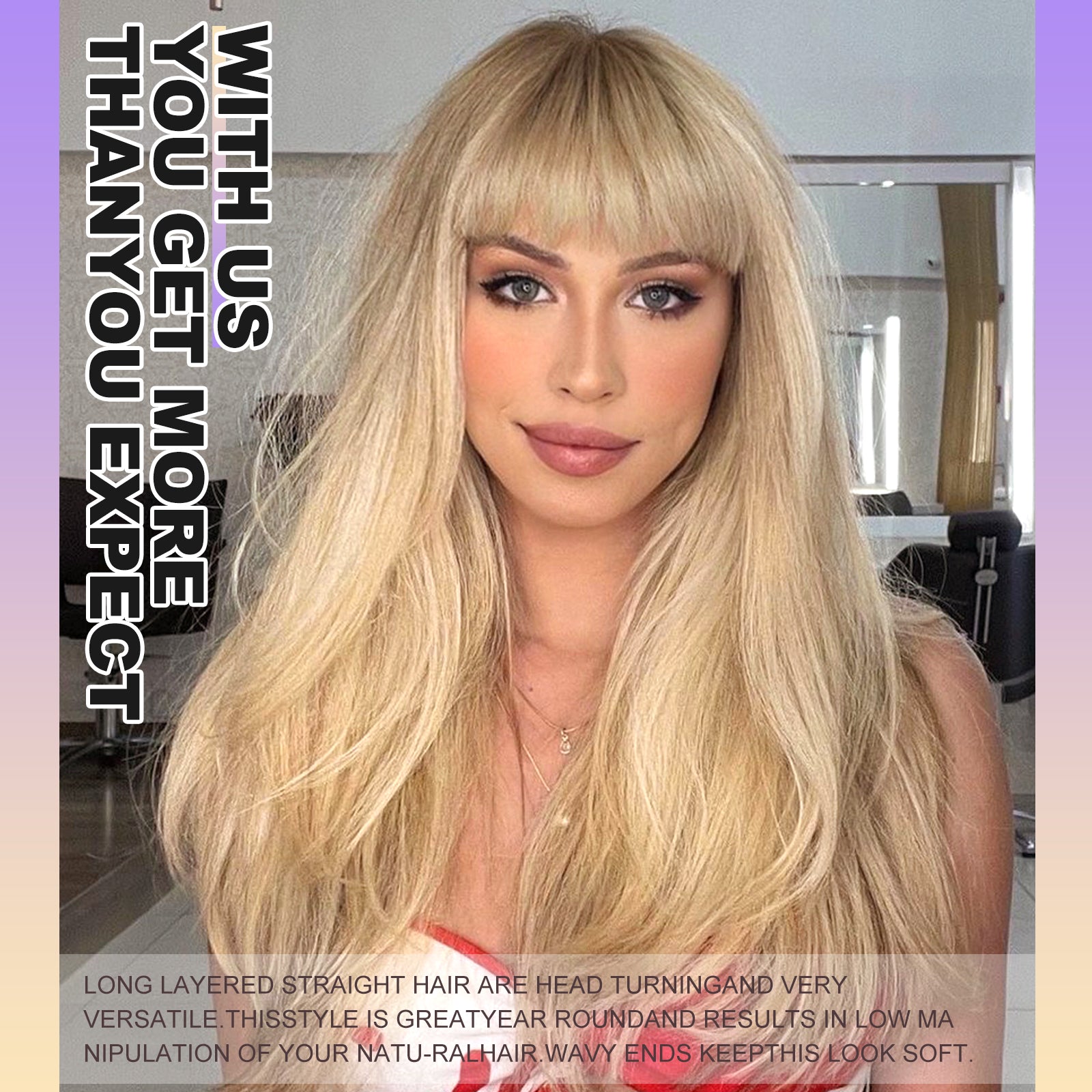 Blonde Long Layered Wig with Bangs,Straight Hair Wigs for Women,Synthetic Heat Resistant Natural Looking Hair Wig for Party Cosplay Dality Use