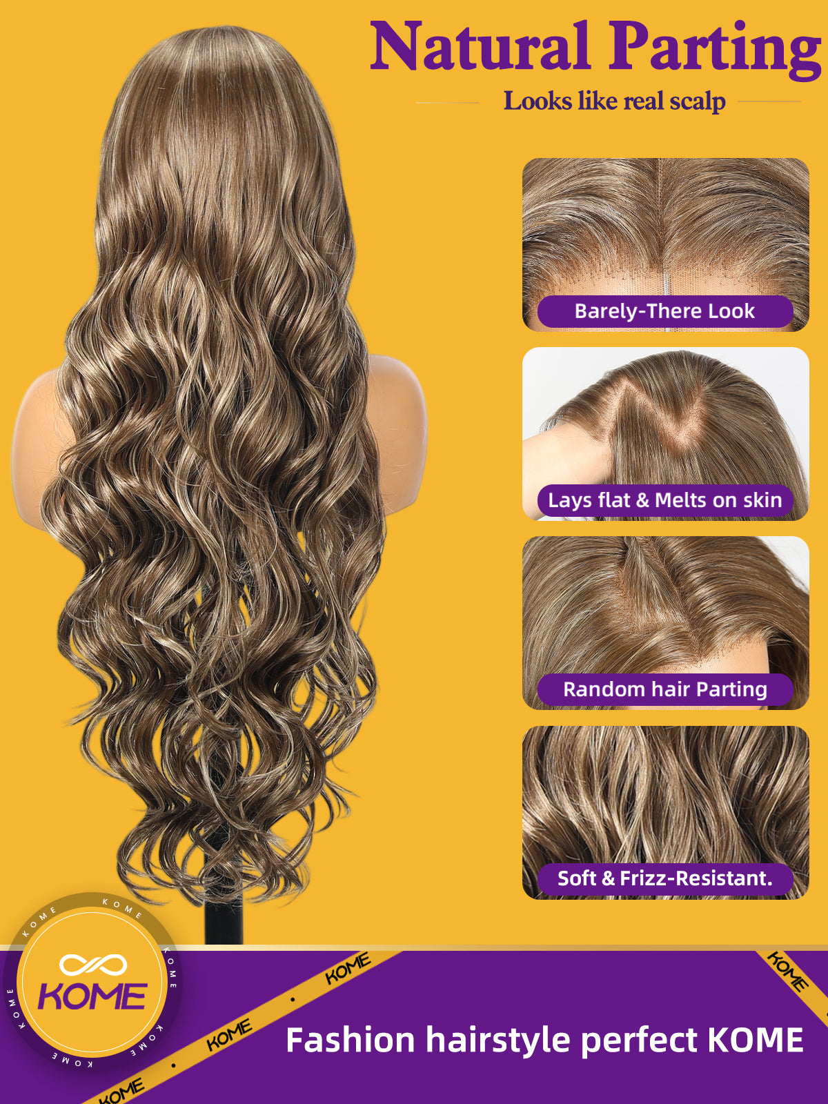 KOME Ash Brown Synthetic Lace Front Wig,13x4 HD Lace Glueless Long Body Wavy Curly Wigs for Women Daily Party Use 30IN(#TT6/1603)