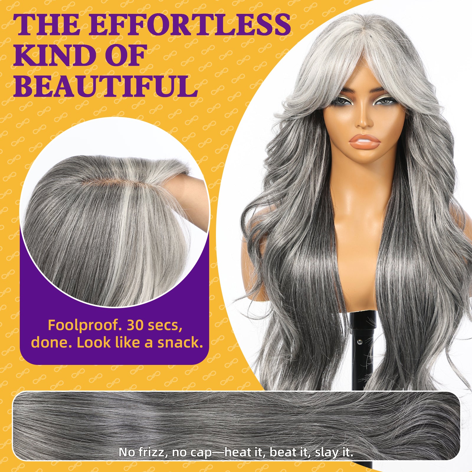 KOME Grey Synthetic Lace Front Wig, T Part Glueless Layered Wavy Wigs With Bangs, Heat Resistant Wigs For Women Daily Party Use 26IN