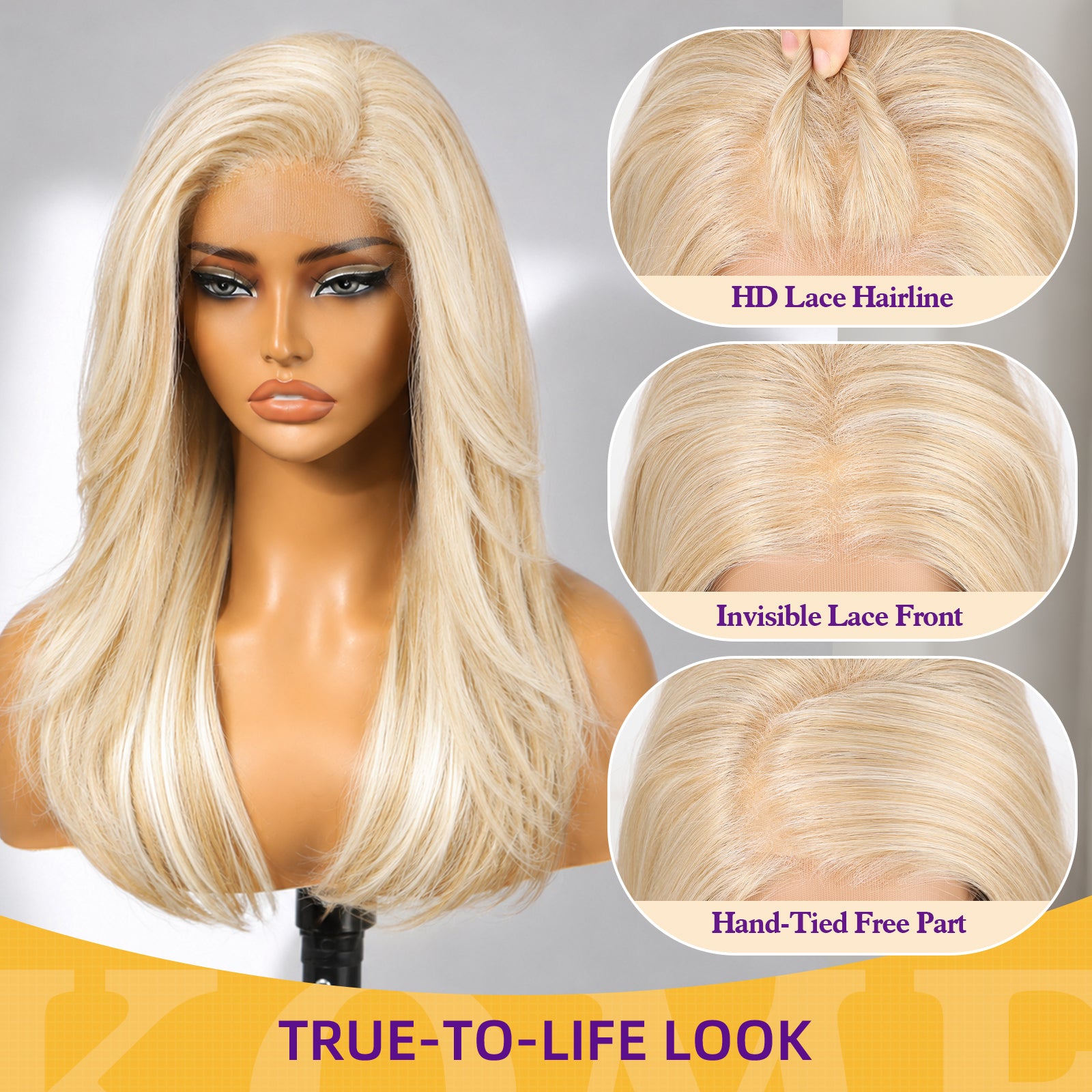 KOME Blonde Synthetic Lace Front Wig, 13X4 HD Lace Glueless Long Layered Straight Wigs for Women Daily Use 20IN （#K16B88）