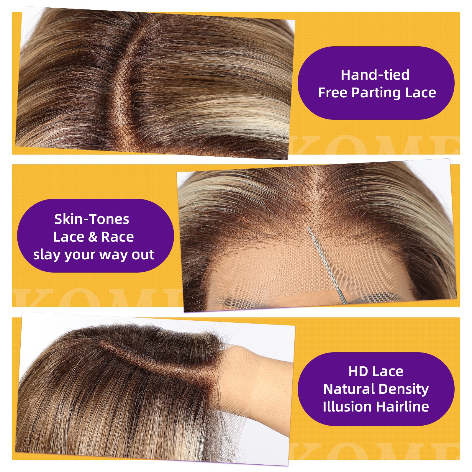 KOME Brown Highlight Synthetic Lace Front Wig,Side Part Short Curly Bob Wig,Shoulder Length Wig for Women Daily Use 16IN