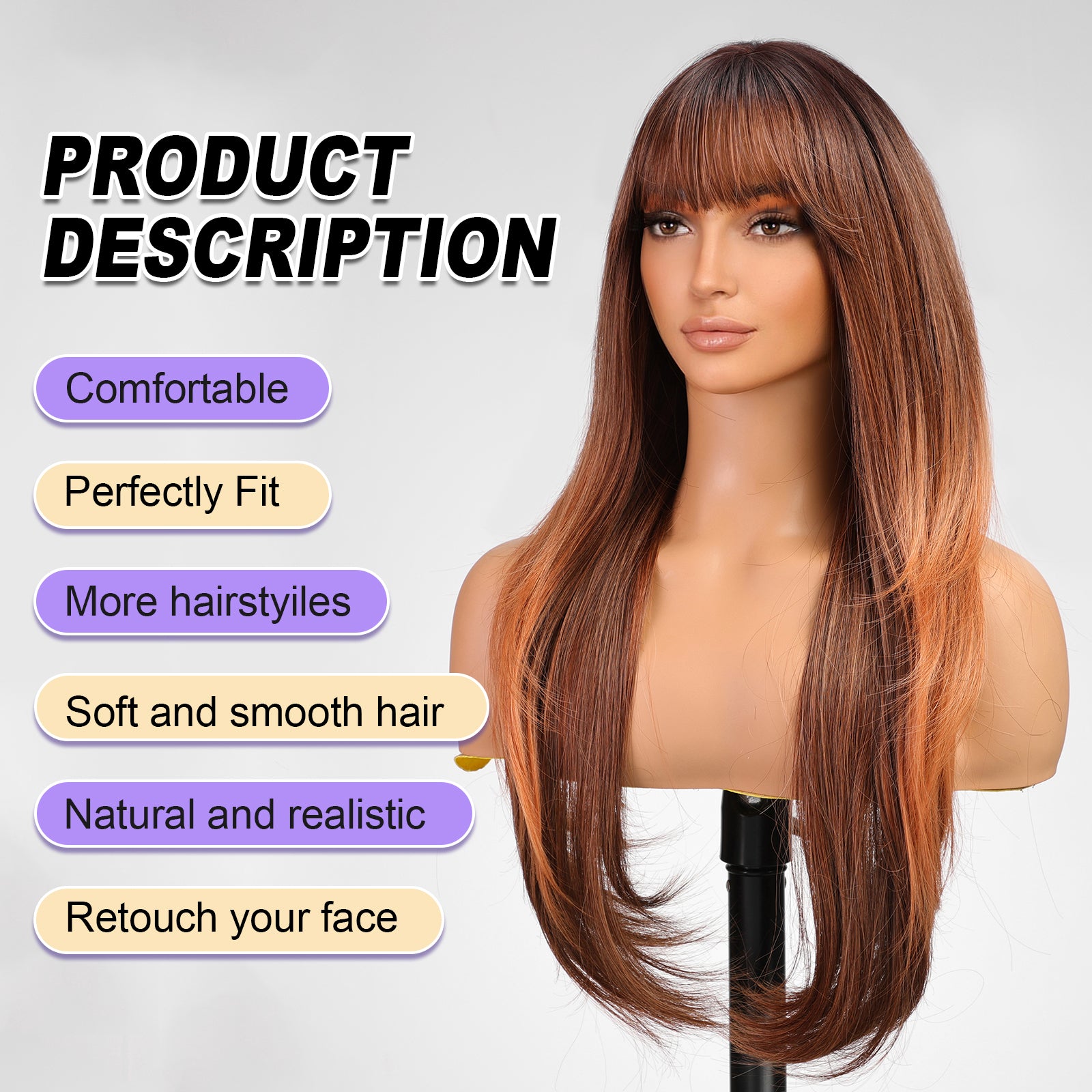 Auburn Long Straight Wig with Bangs,Copper Ginger Highlight Straight Hair Wigs for Women,Synthetic Heat Resistant Natural Looking Hair Wig for Party Cosplay Dality Use