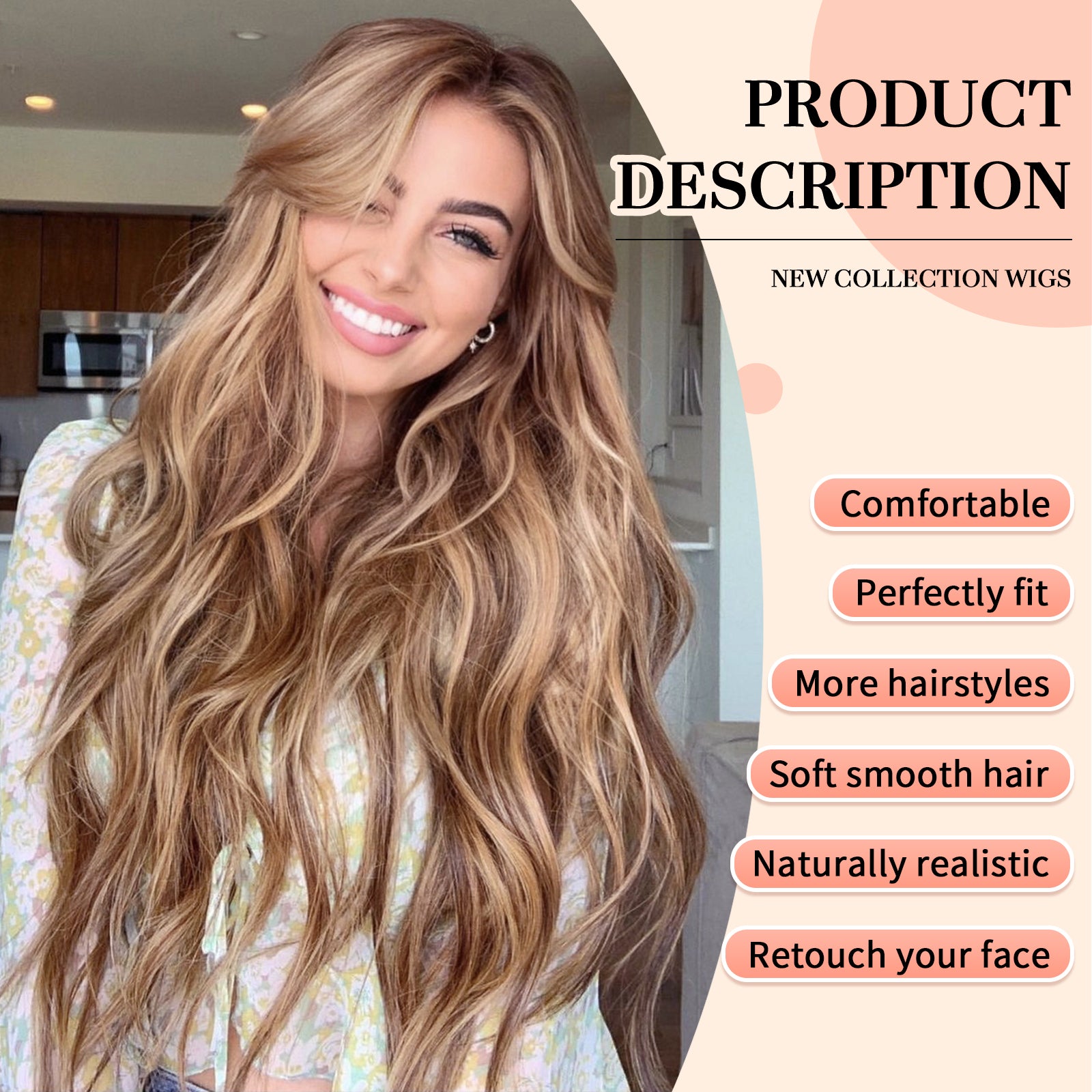 KOME Ash Brown Wig for Women,Honey Brown Highlight Wigs Lace Front Middle Part Curly Wavy Wig,Synthetic Heat Resistant Fiber Wig for Daily Party Use 26IN