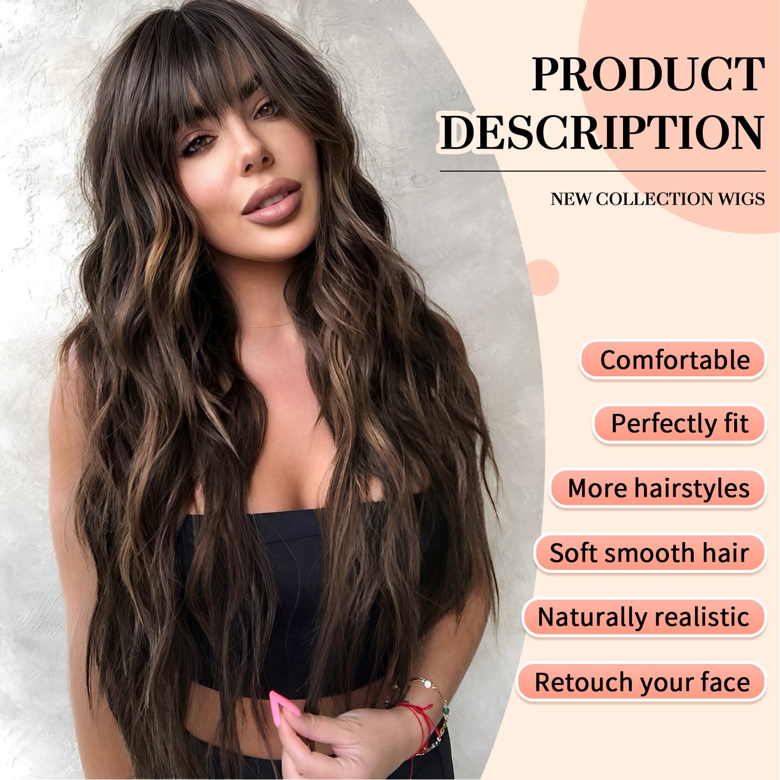 KOME Dark Brown Wigs with Bangs,Brown Highlight Long Curly Wig for Women,Blonde Long Wavy Wig Synthetic Hair Wig for Party Cosplay Daily Use 26IN