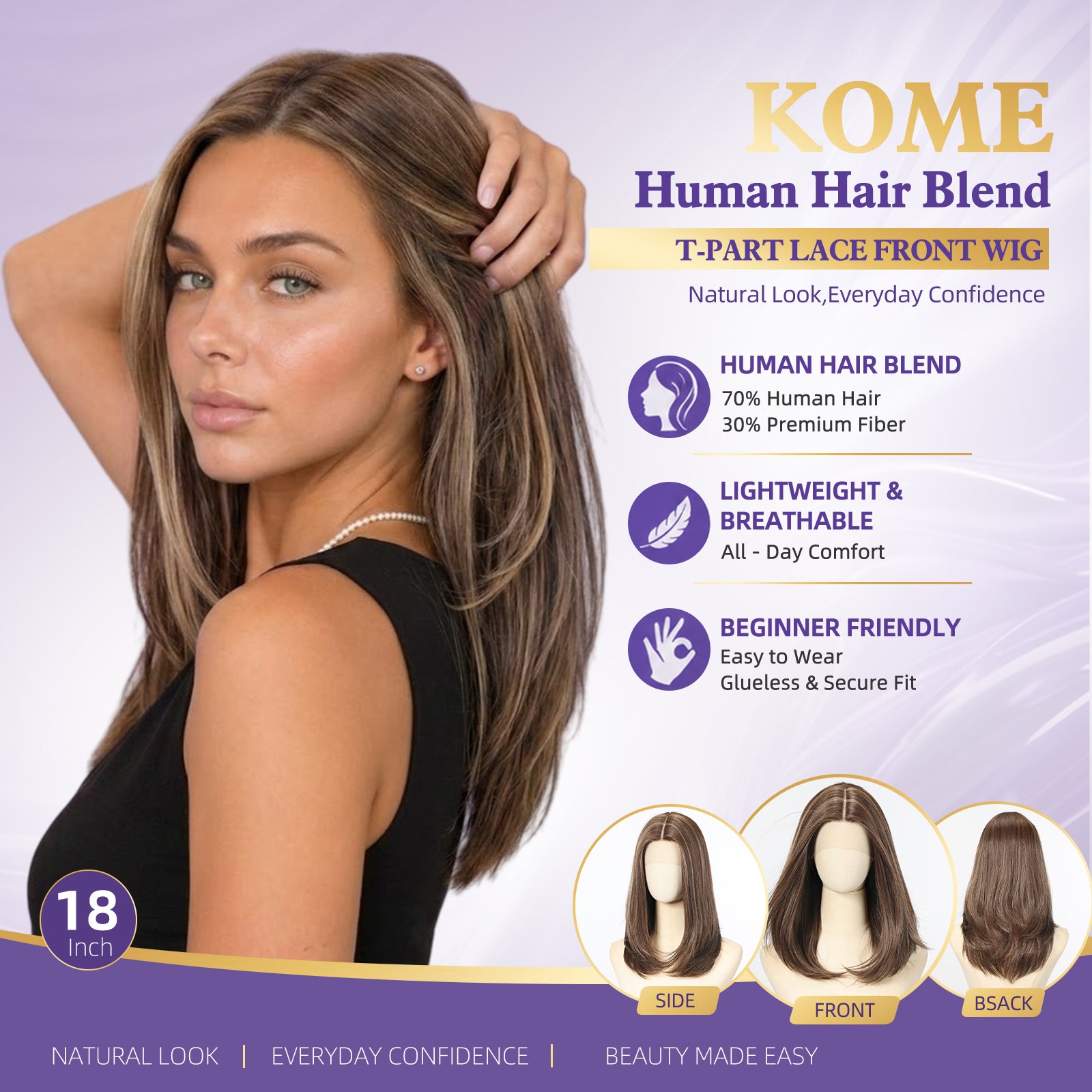 KOME Brown Human Hair Wig Blend,Brown Lace Front Wig, T Part Glueless Wigs for Women Daily Use 18IN（#F43/12）