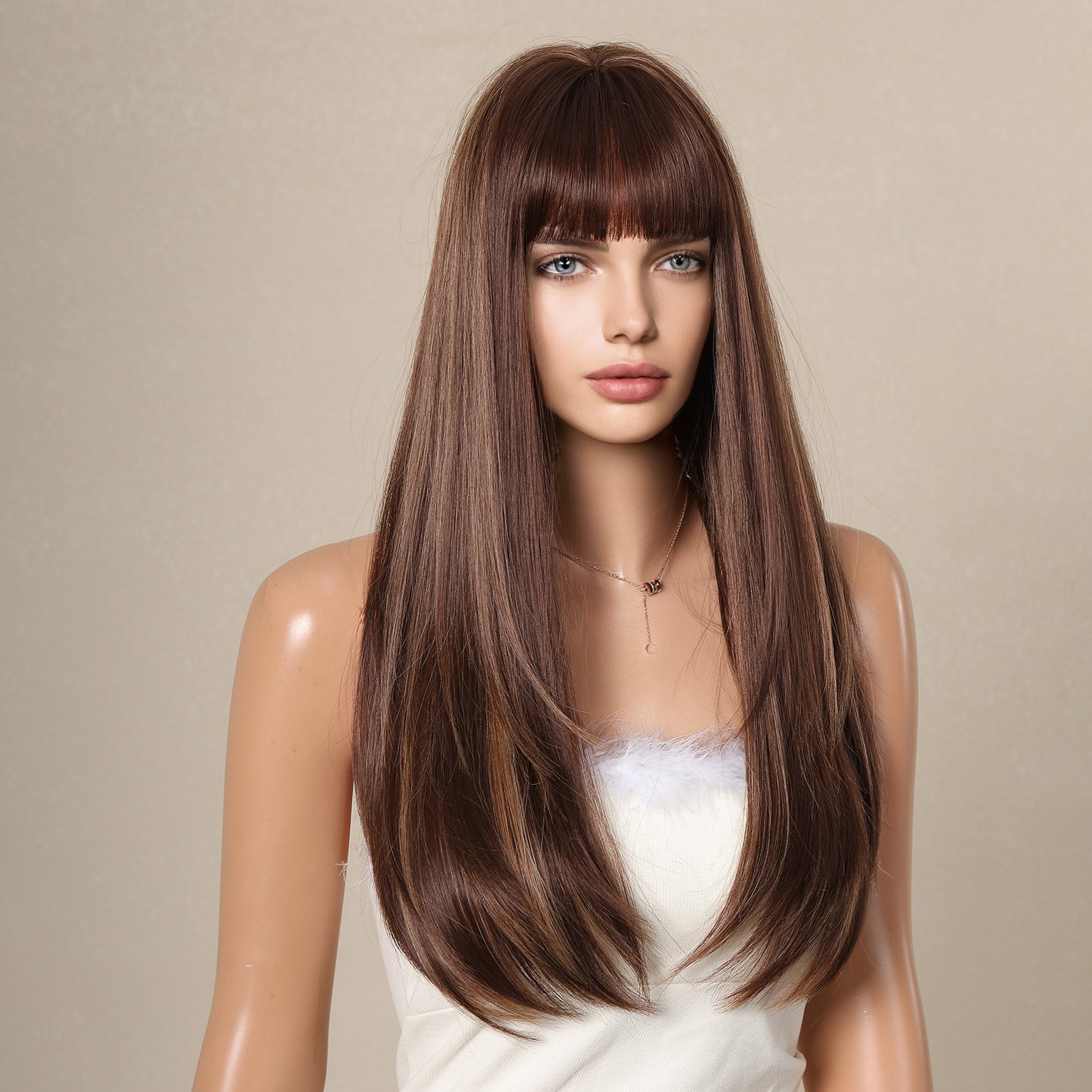 KOME Brown Highlight Long Layered Wig with Bangs,Straight Hair Wigs for Women,Synthetic Heat Resistant Natural Looking Hair Wig for Party Cosplay Dality Use