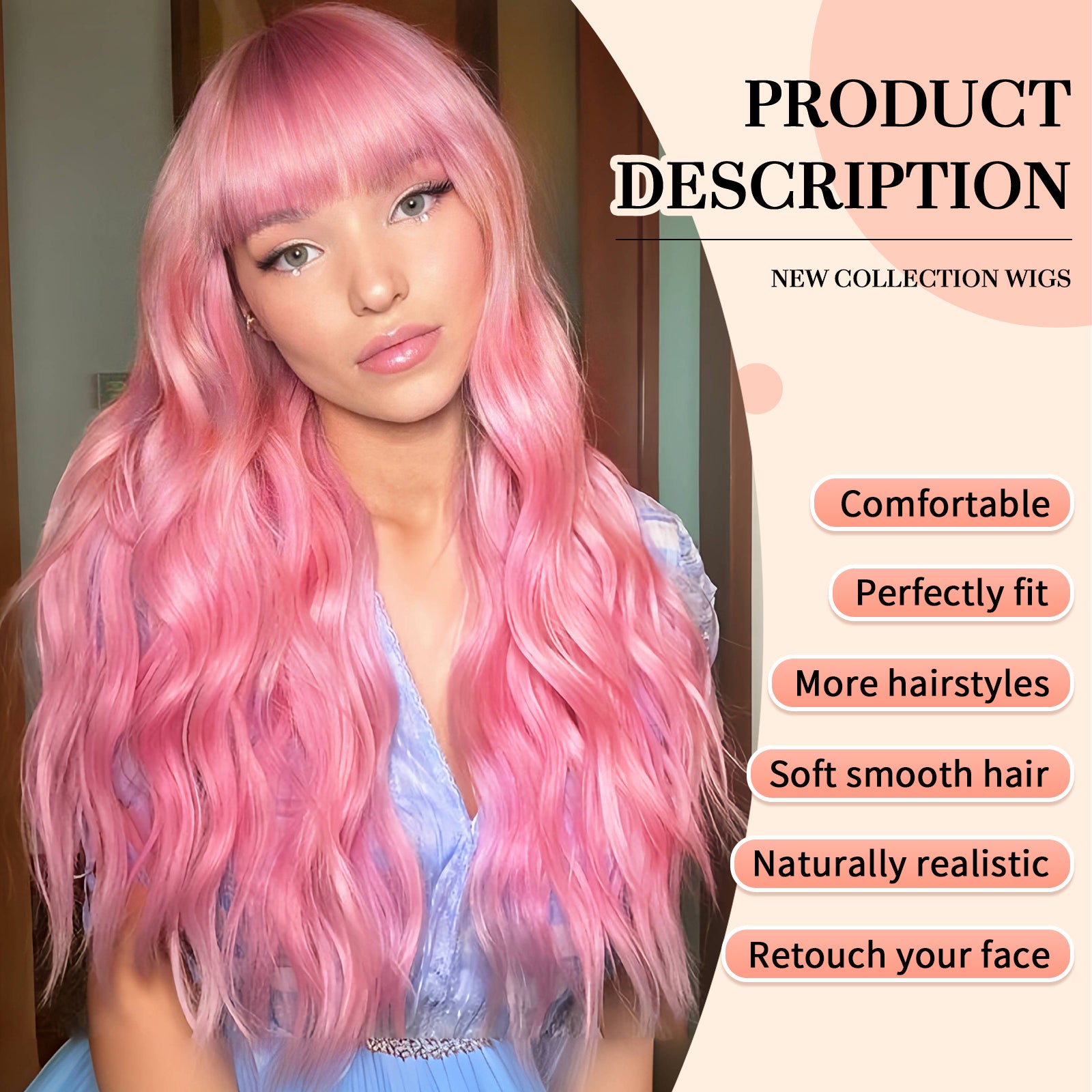 Pink Wig- Long Pink Wavy Wigs for Women,Pastel Pink Wig with Bangs,Natural Curly Synthetic Wig for Party Cosplay Daily Use 26IN