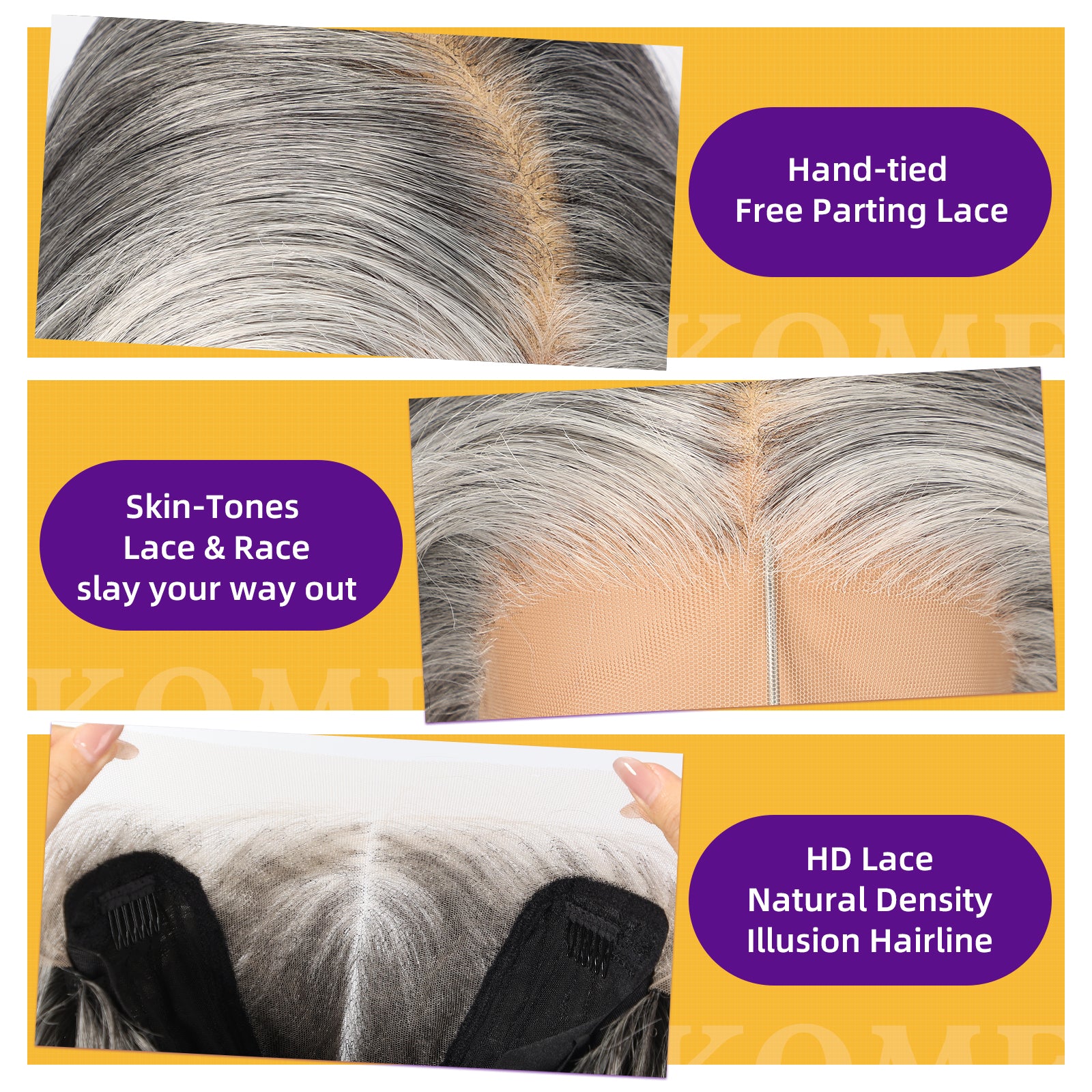 KOME Grey Synthetic Lace Front Wig,13×6 Curly Glueless Wigs for Women Daily Use 22IN（#2/60HL）