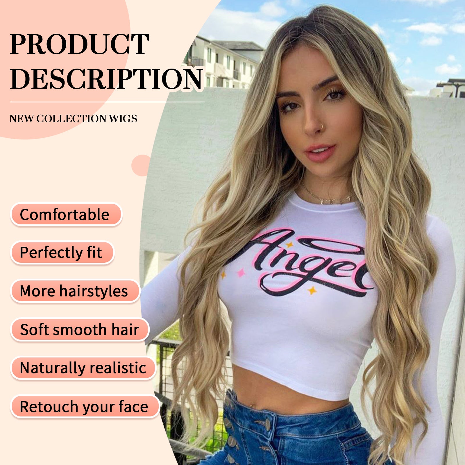 Long Ombre Brown mix Blonde Wavy Wig for Women,Lace Front Middle Part Curly Wavy Wig,Natural Looking Synthetic Heat Resistant Fiber Wig for Daily Party Use 26IN