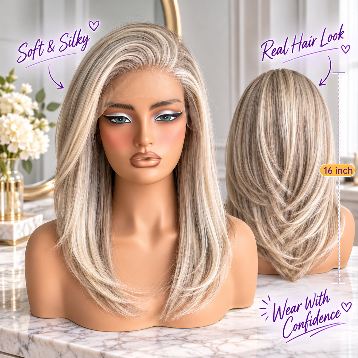 KOME Blonde Layered Straight 13x6 Synthetic Lace Front Wig for Women 16IN