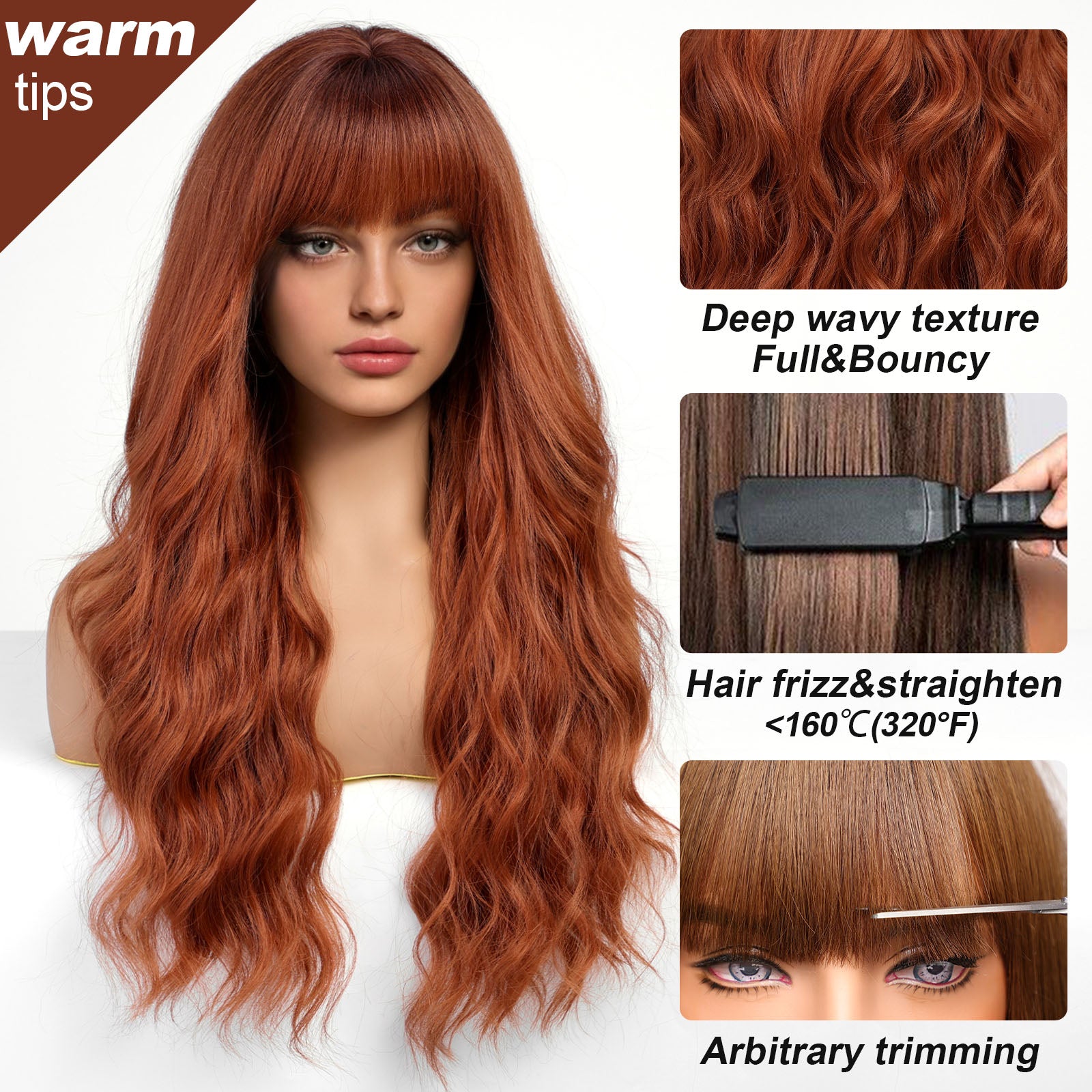 Orange Wigs with Bangs,Ginger Long Wavy Wig for Women,Long Curly Synthetic Hair Wig for Party Daily Use 26IN