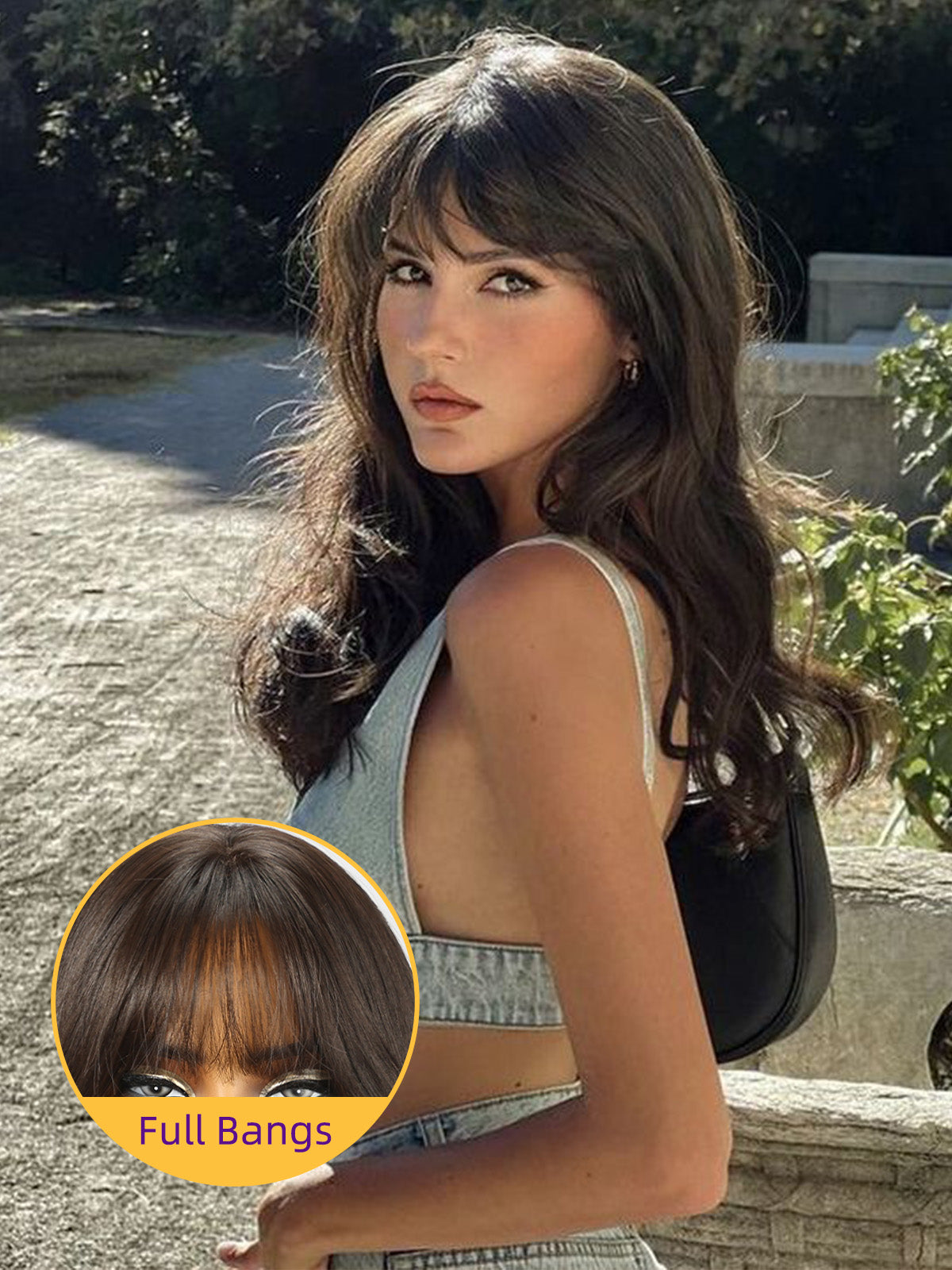 KOME Black Brown Wigs with Bangs, Brown Long Wavy Synthetic Hair Wig for Women, 24IN