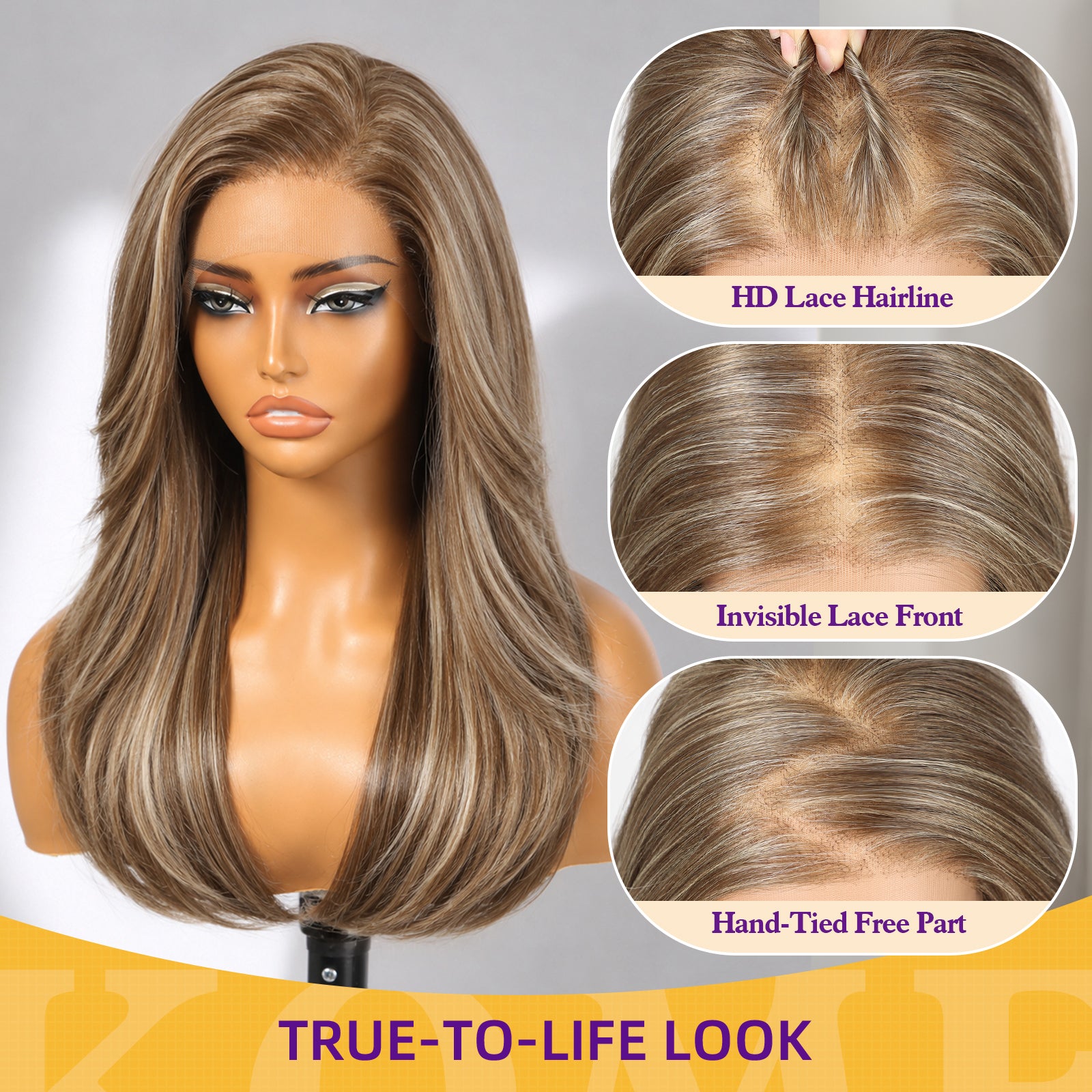KOME Ash Brown Synthetic Lace Front Wig, 13X4 HD Lace Glueless Long Layered Straight Wigs for Women Daily Use 20IN （#F8/27/88）