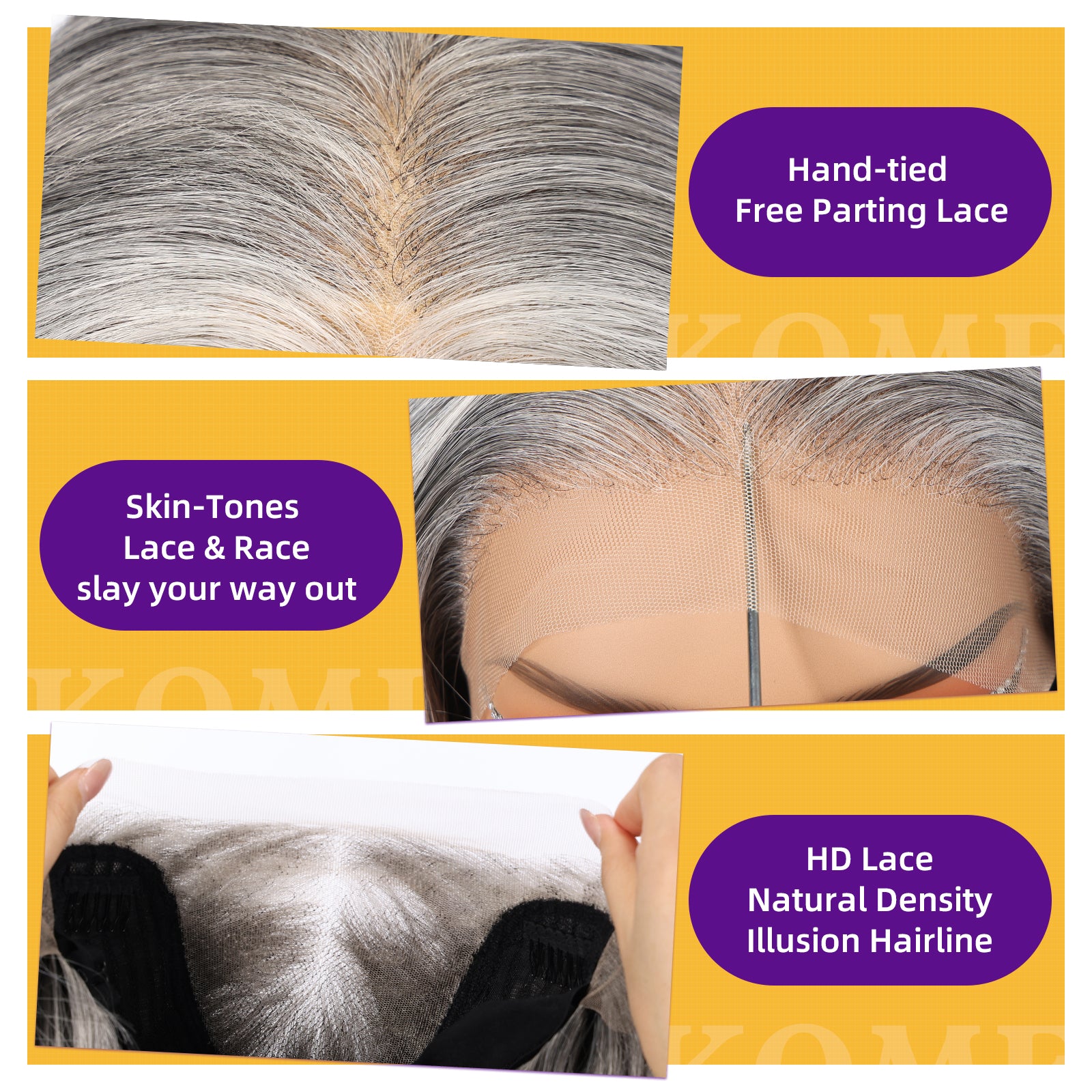 KOME Grey Mixed Synthetic Lace Front Wig, 13X6 Long Straight Layered Glueless Wigs for Women Daily Use 22IN(#2/606HL)
