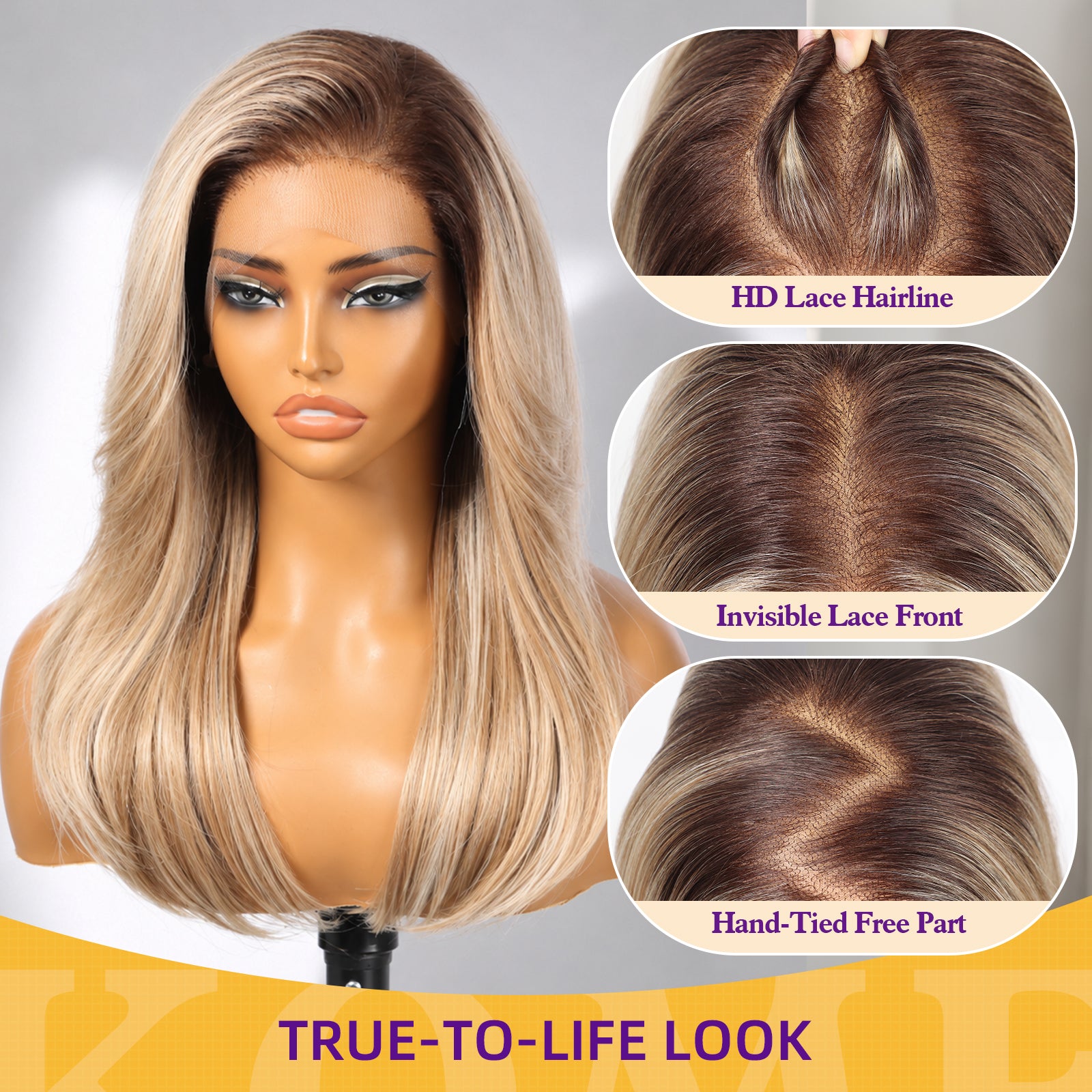 KOME Ombre Blonde Synthetic Lace Front Wig, 13X4 HD Lace Glueless Long Layered Straight Wigs for Women Daily Use 20IN （#TT6/1603）