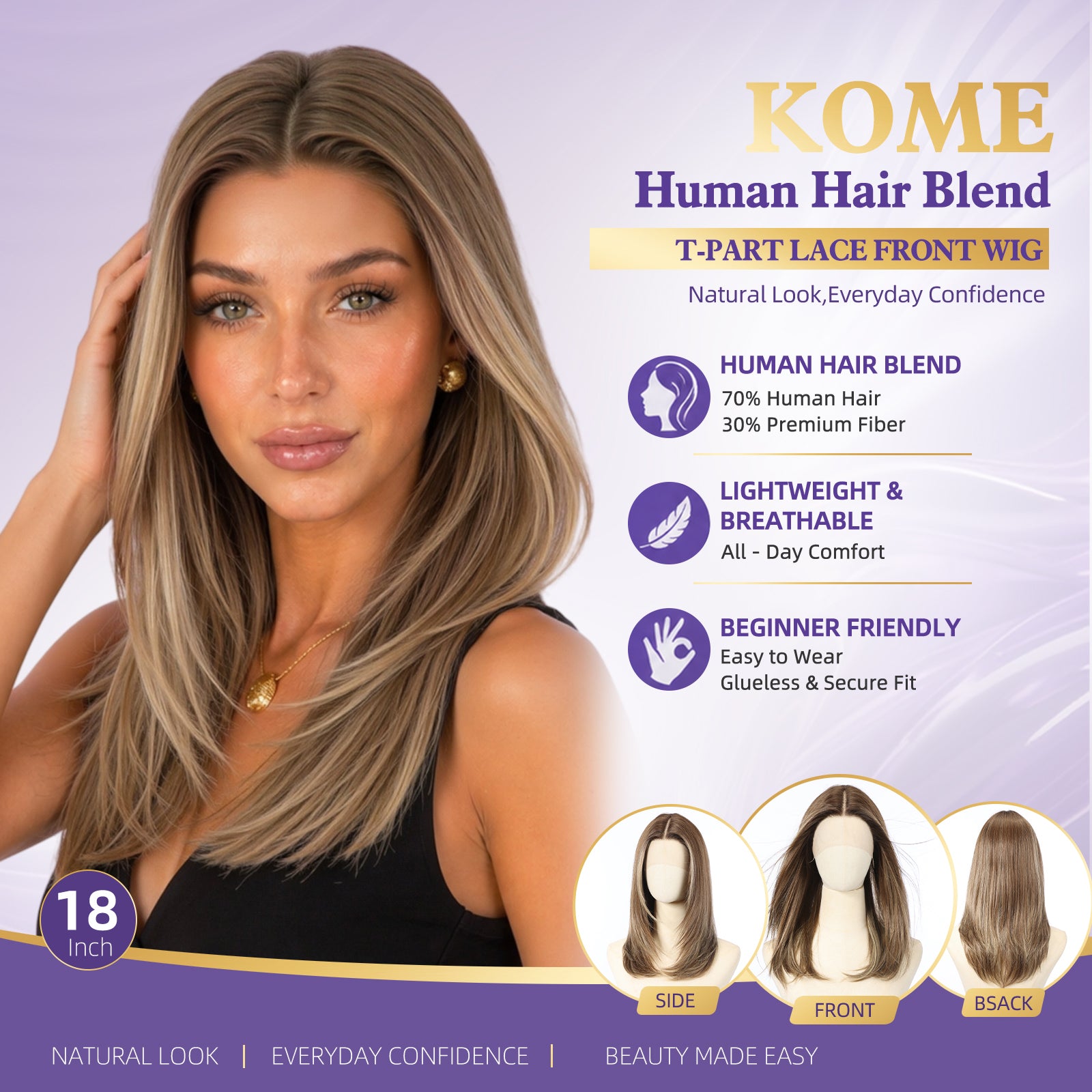 KOME Brown Highlight Human Hair Wig Blend,Brown Highlight Lace Front Wig, T Part Glueless Wigs for Women Daily Use 18IN（#TT6/1665）