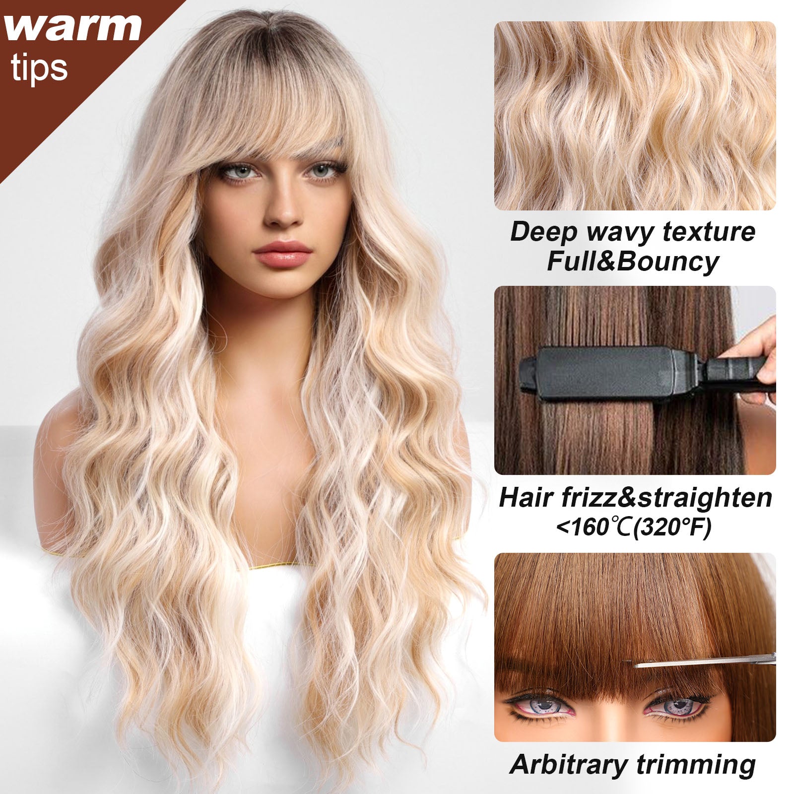 Ombre Blonde Wigs with Bangs,Long Curly Wig for Women,Blonde Long Wavy Wig Synthetic Hair Wig for Party Cosplay Daily Use 26IN