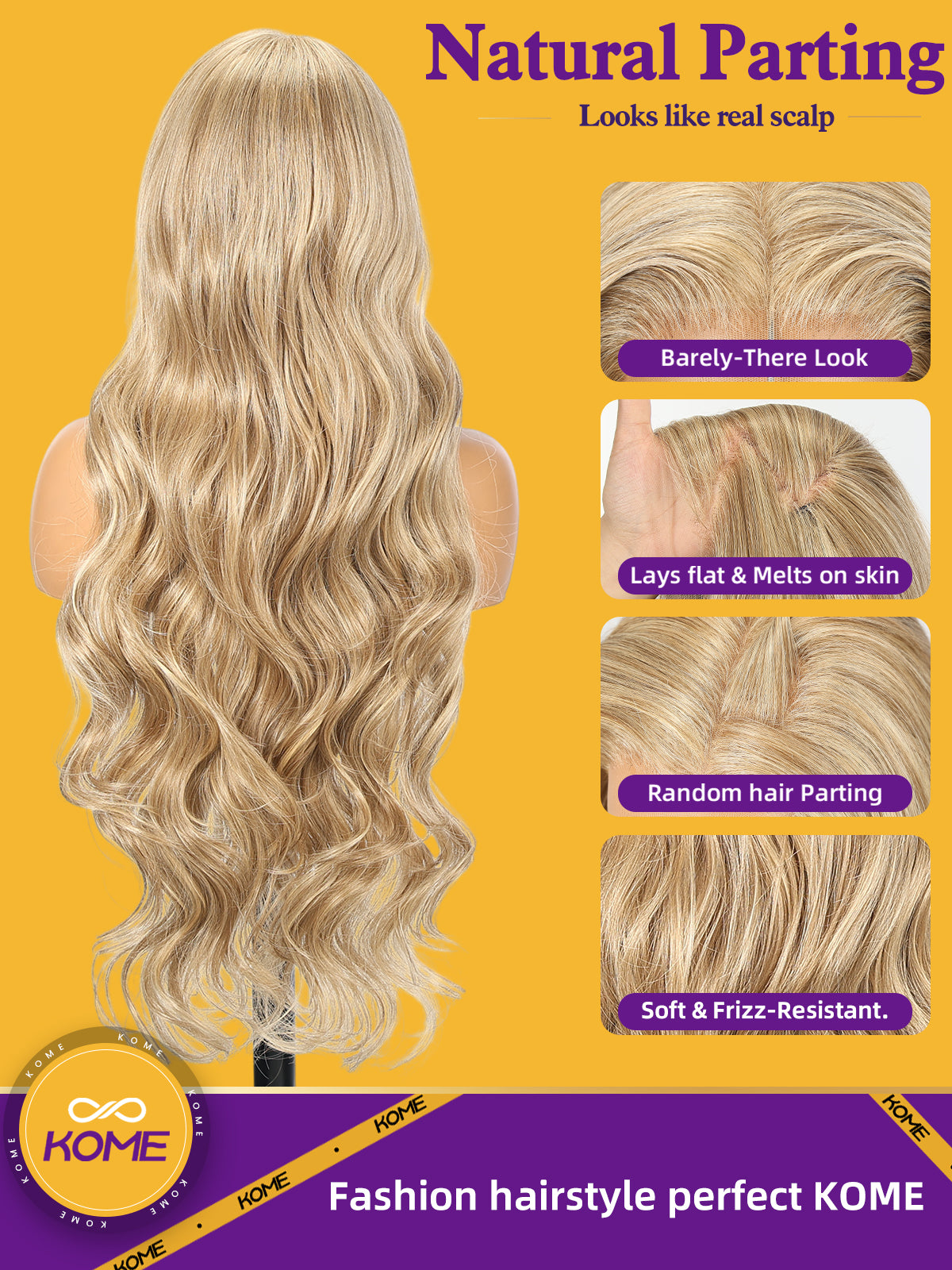 KOME Blonde Highlight Synthetic Lace Front Wig,13x4 HD Lace Glueless Long Body Wave Curly Wigs for Women Daily Party Use 30IN(#1413HL)