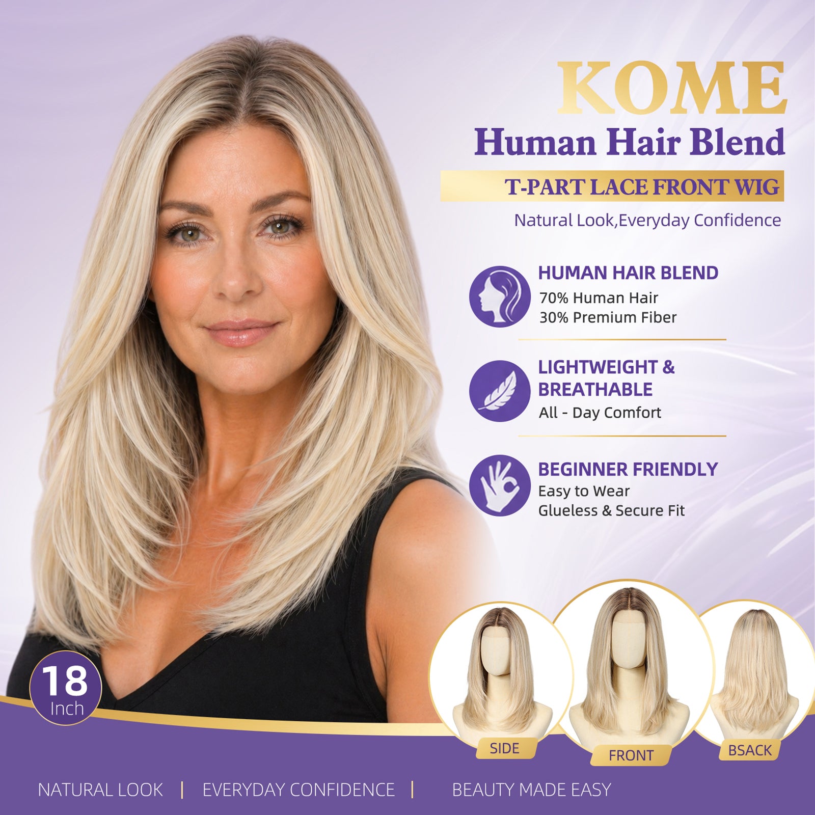 KOME Light Blonde Human Hair Wig Blend,Light Blonde Lace Front Wig, T Part Glueless Wigs for Women Daily Use 18IN（#TT4/6621）