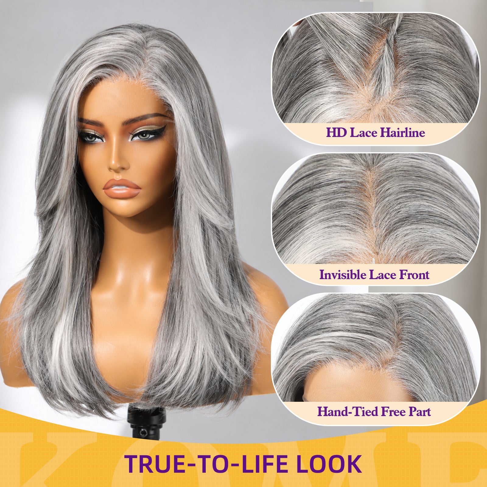 KOME Grey Synthetic Lace Front Wig, 13X4 HD Lace Glueless Long Layered Straight Wigs for Women Daily Use 20IN （#2/60HL）