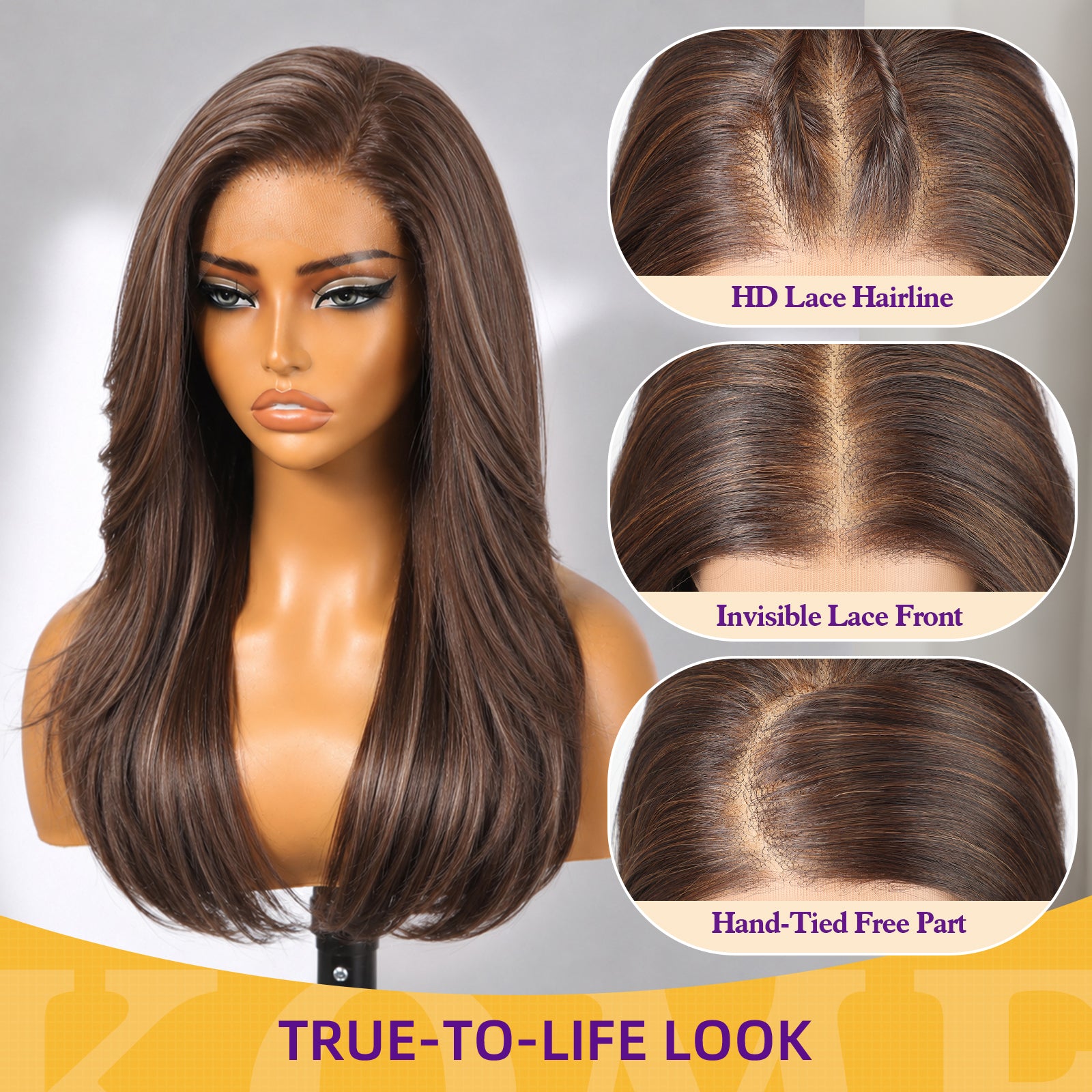KOME Dark Brown Synthetic Lace Front Wig, 13X4 HD Lace Glueless Long Layered Straight Wigs for Women Daily Use 20IN （#FS4/30）