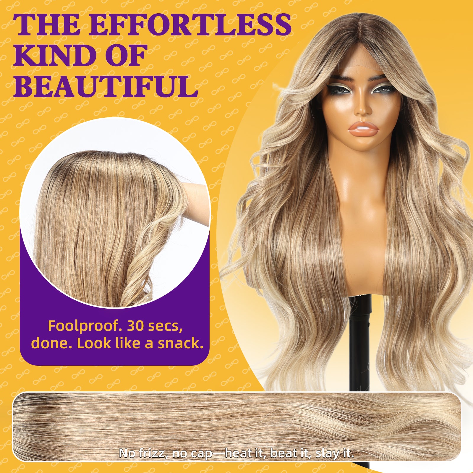 KOME Ombre Blonde Synthetic Lace Front Wig, T Part Glueless Layered Wavy Wigs With Bangs, Heat Resistant Wigs For Women Daily Party Use 26IN