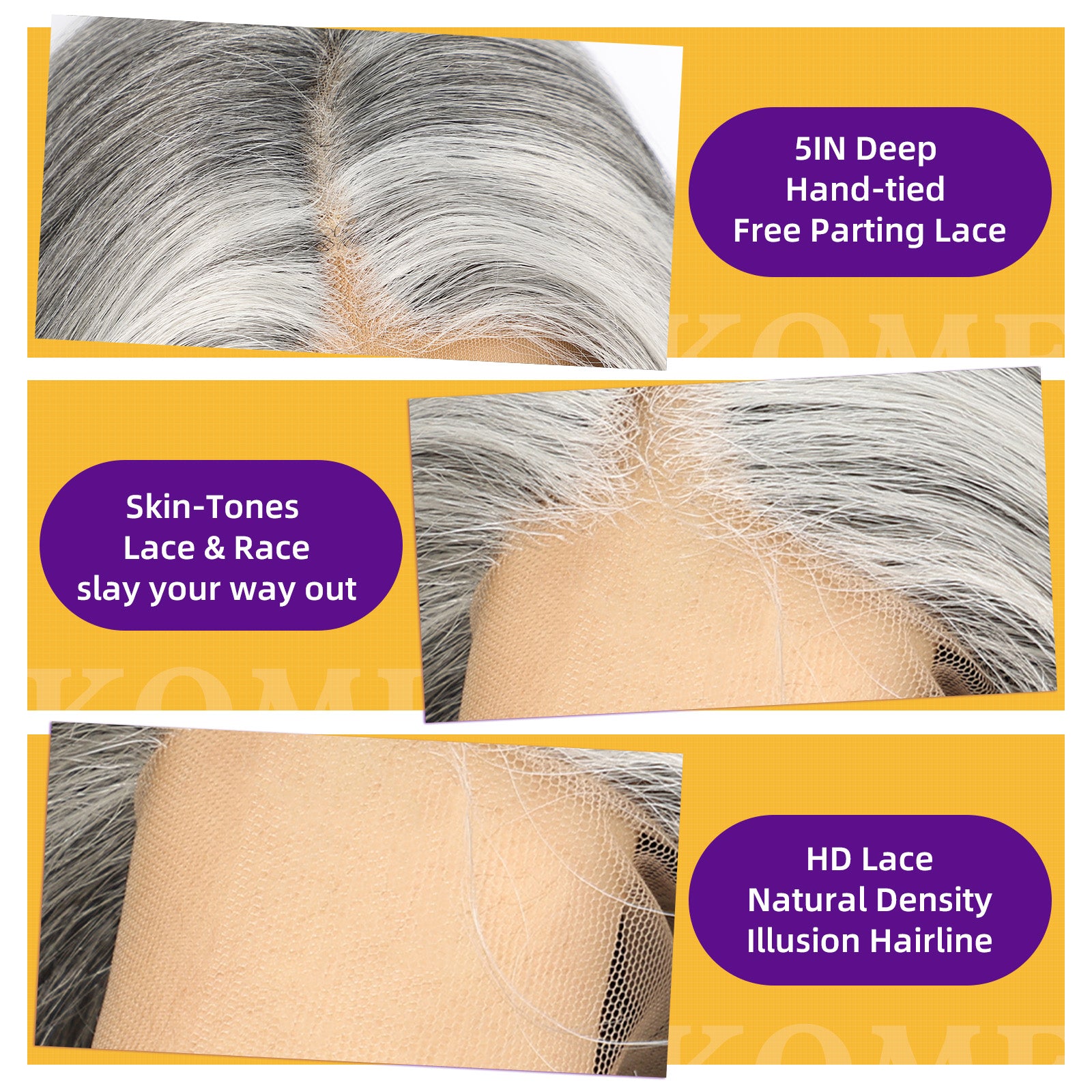 KOME Grey Synthetic Lace Front Wig,Silver Side Part Short Straight Glueless Bob Wigs for White Women Daily Use 10IN (#2/60HL)