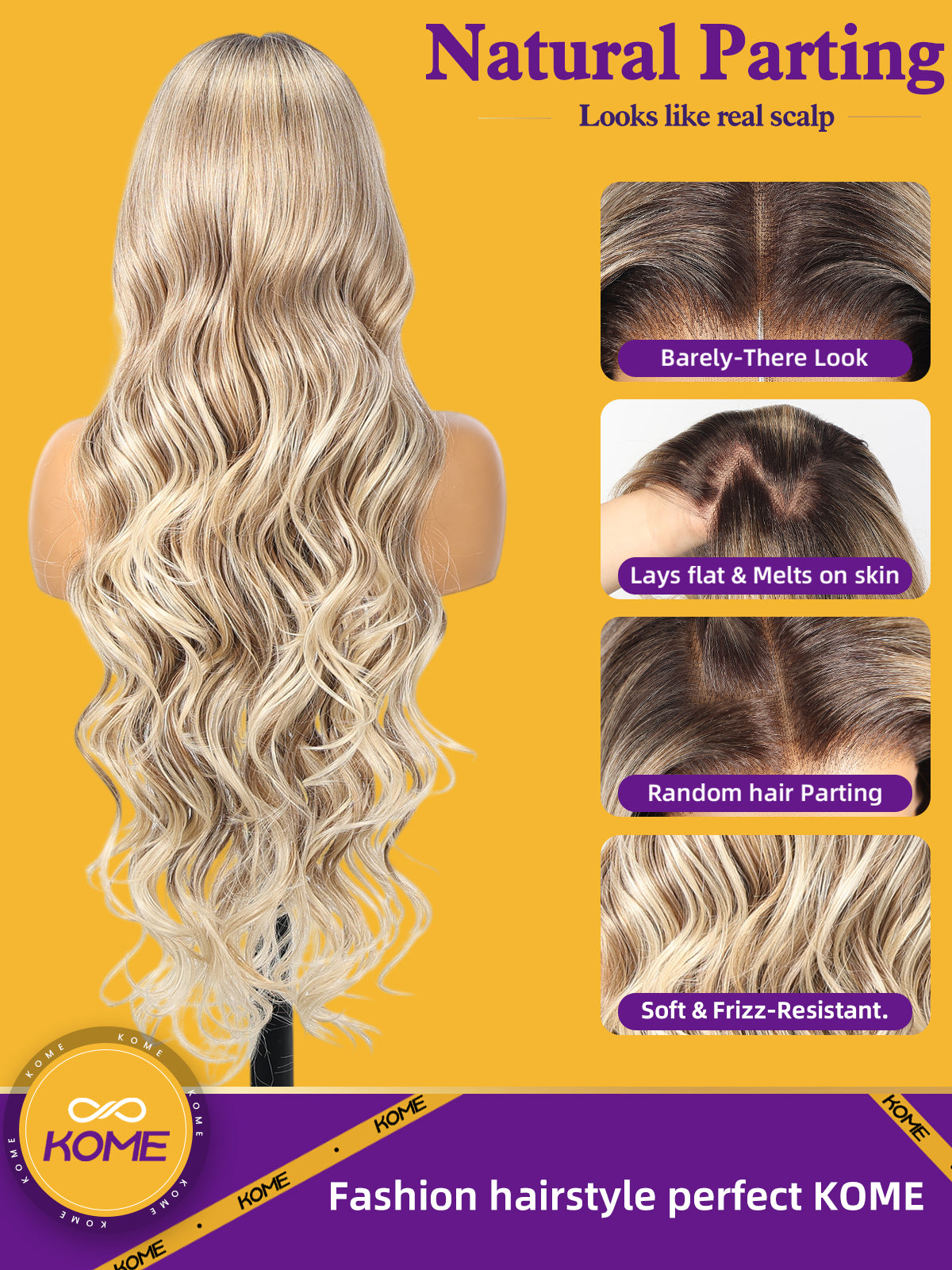 KOME Ombre Ash Blonde Synthetic Lace Front Wig,13x4 HD Lace Glueless Long Body Wavy Curly Wigs for Women Daily Party Use 30IN(#TT4/T2713)