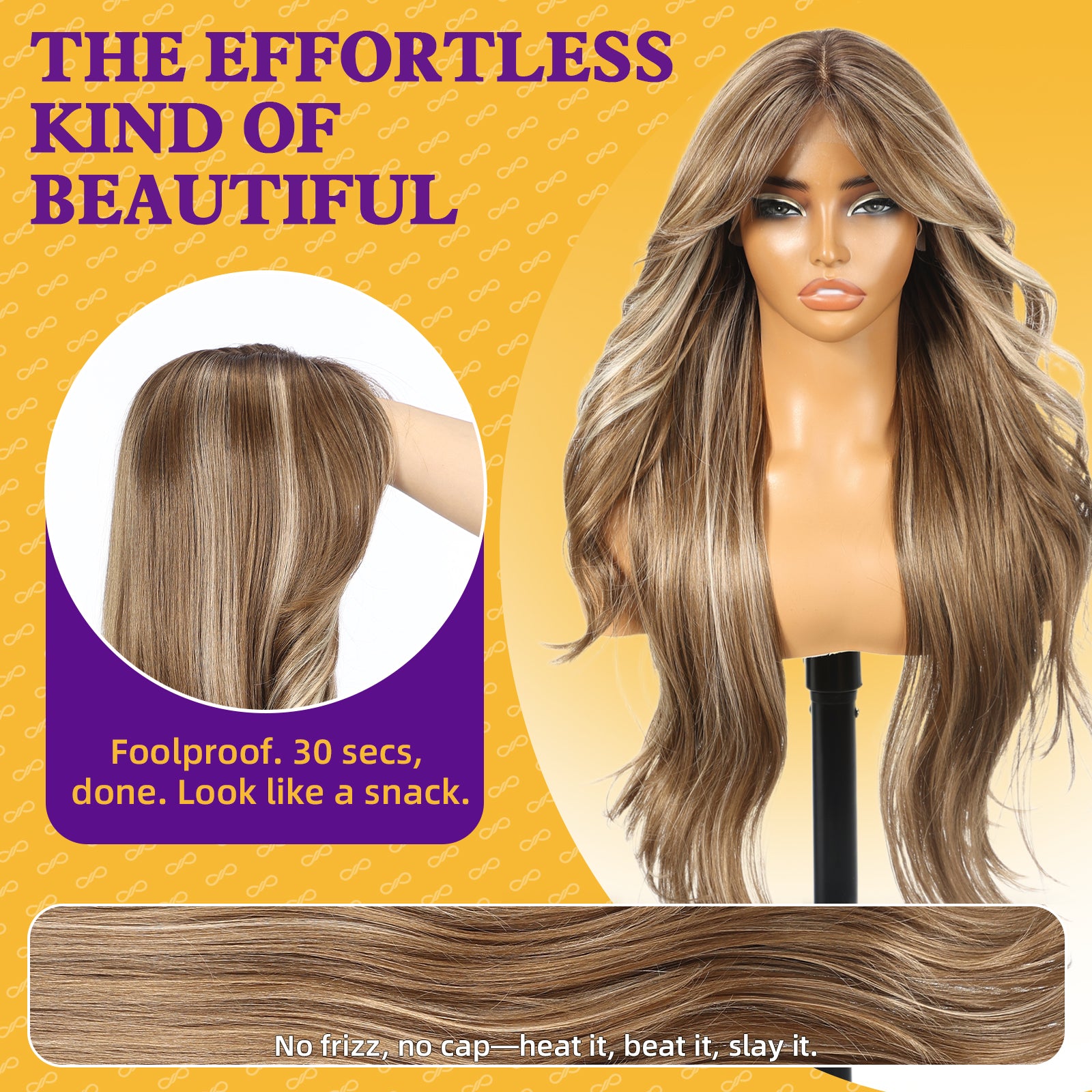 KOME Ash Brown Highlight Synthetic Lace Front Wig,T Part Glueless Layered Wavy Wigs With Bangs, Heat Resistant Wigs For Women Daily Party Use 26IN