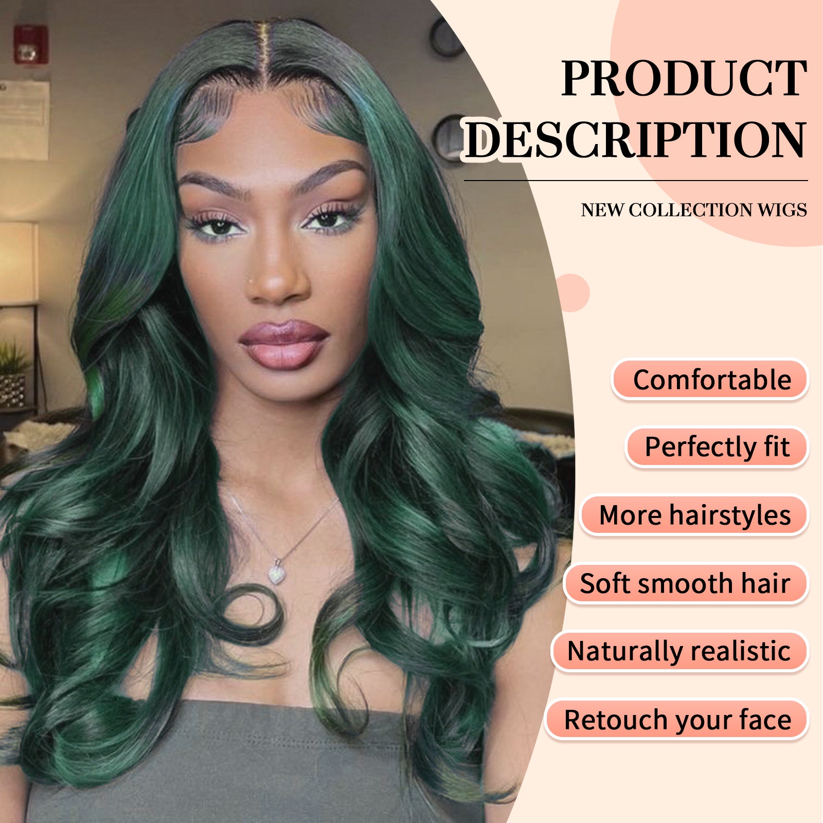 KOME Ombre Green Wig,Long Green Colored Wavy Wig for Women,Lace Front Middle Part Curly Wavy Wig,Natural Looking Synthetic Heat Resistant Fiber Wig for Daily Party Use 26IN