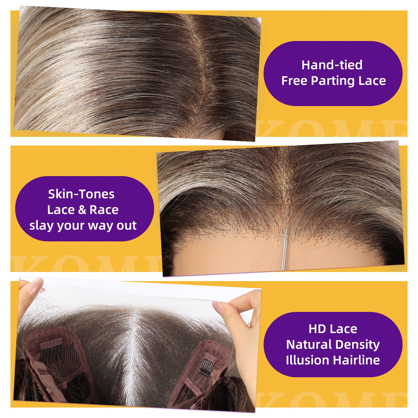 KOME Brown Highlight Synthetic Lace Front Wig,13×6 Curly Glueless Wigs for Women Daily Use 26IN（#TT4/T2713）