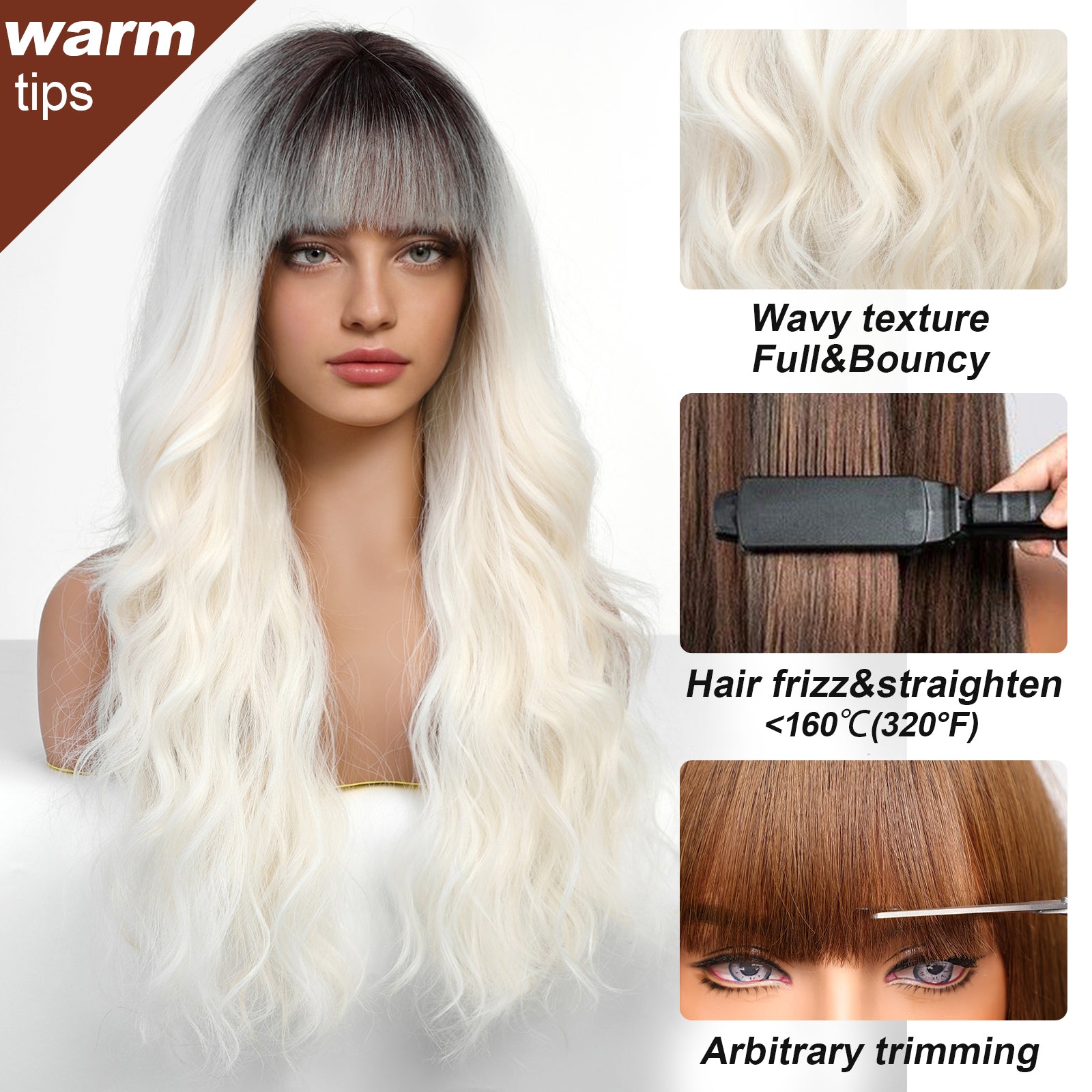 Ombre Platinum Blonde Wigs with Bangs,White Long Wavy Wig for Women,Long Curly Wigs Synthetic Hair Dark Roots Wig for Party Cosplay Daily Use 26IN