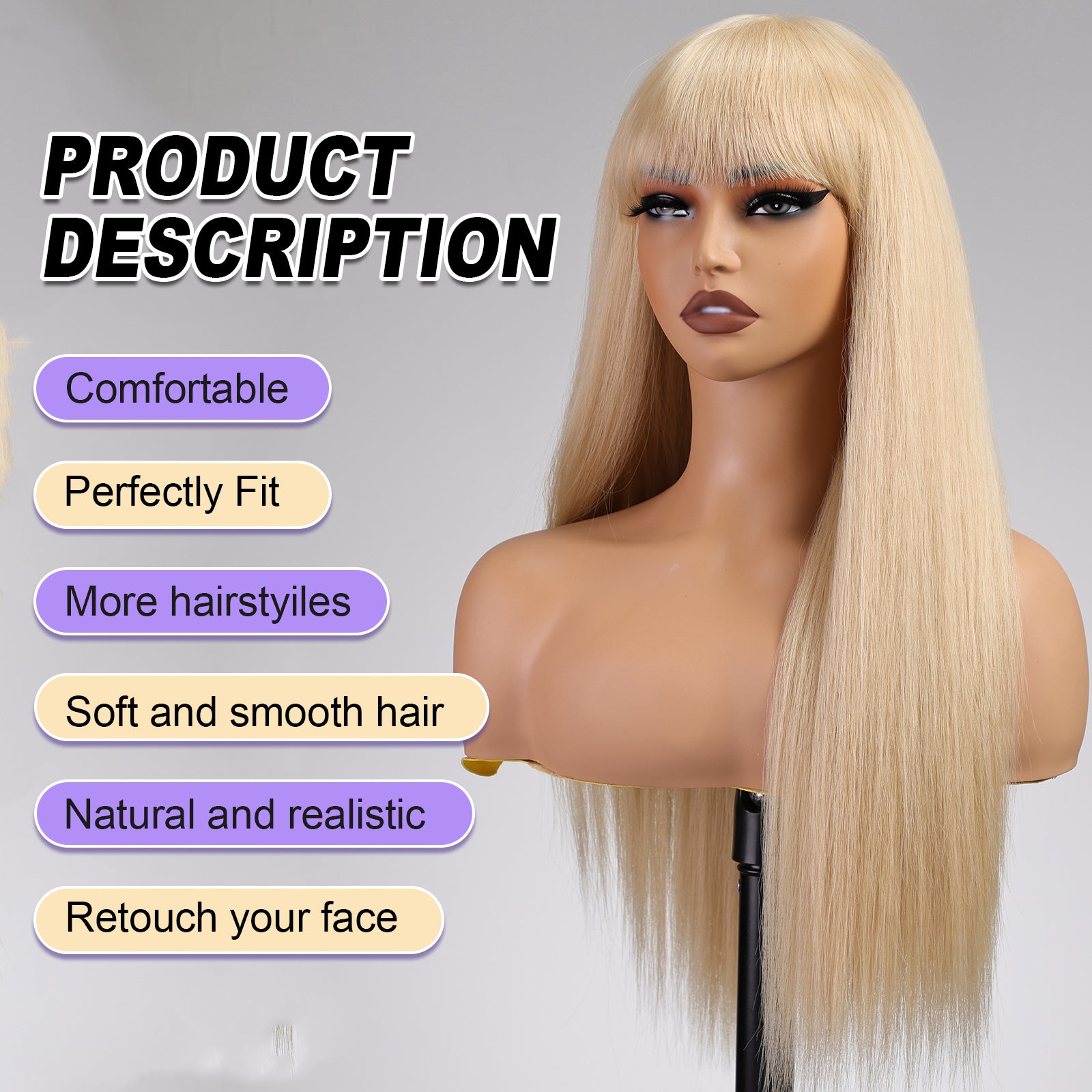 KOME Ash Blonde Wigs for Women,Yaki Straight Glueless Synthetic Long Silk Natural Wig with Bangs Heat Resistant Fiber 26IN