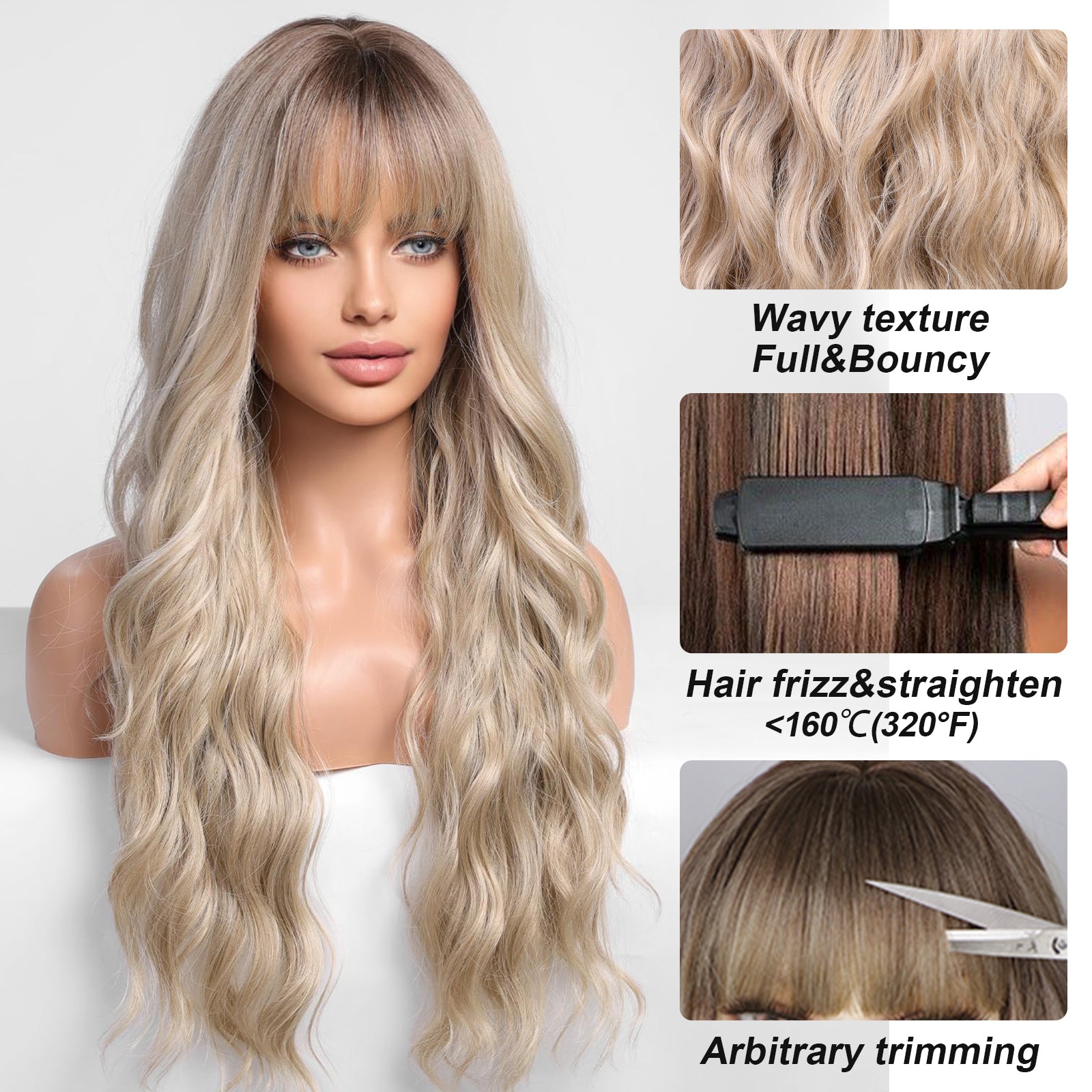 Ombre Dirty Blonde Wigs with Bangs,Ash Blonde Long Wavy Wig for Women,Long Curly Synthetic Hair Wig for Party Daily Use 26IN