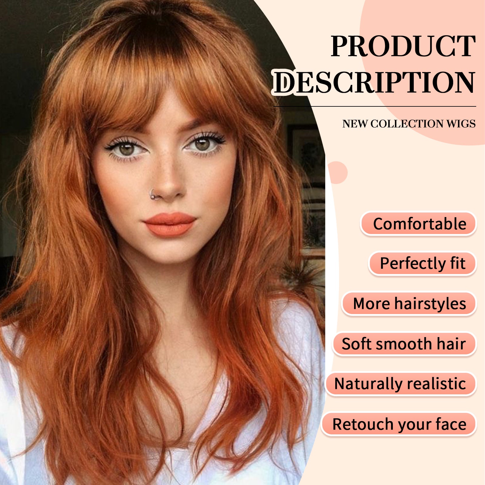 KOME Orange Wig with Bangs,Ginger Wavy Wigs for Women,Copper Shoulder Length Curly Synthetic Hair Wig for Party Daily Use 18IN