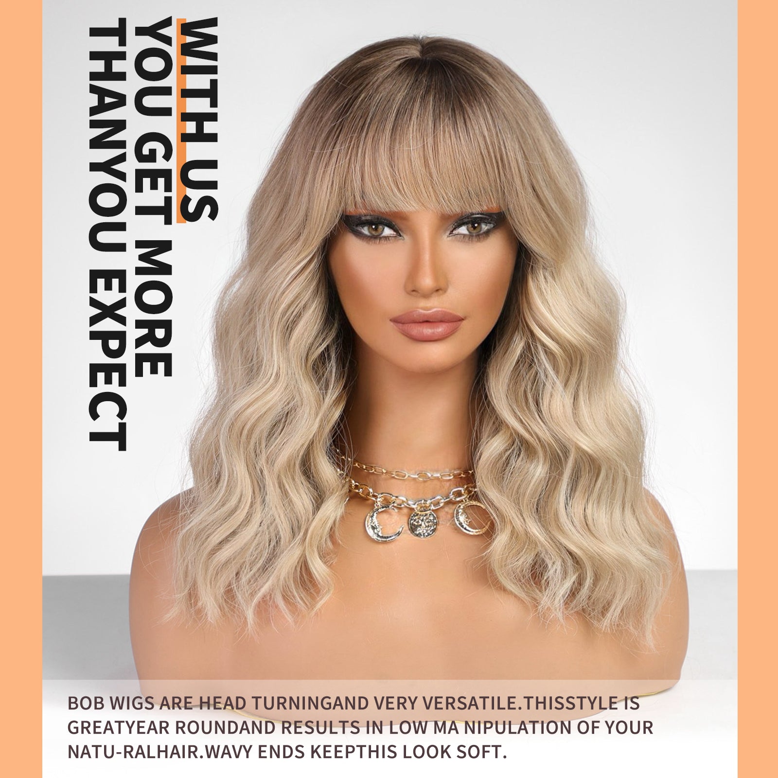 KOME Curly Bob Wig with Bangs Short Wavy Ash Blonde Wigs for Women Lob Haircut Synthetic Heat Resistant Bob Wigs 14IN