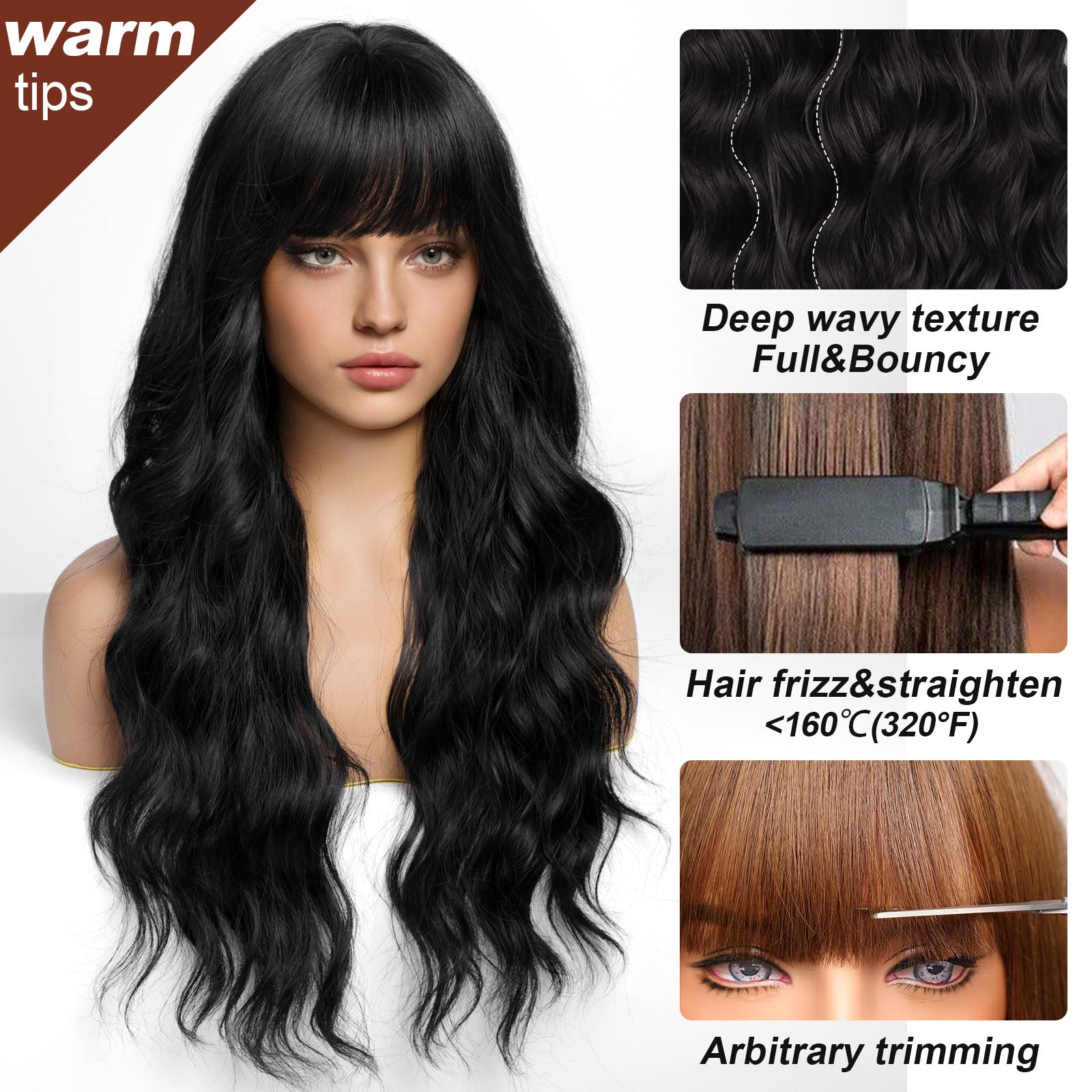 Black Wigs with Bangs,Black Long Wavy Wig for Women,Black Long Curly Synthetic Hair Wig for Party Daily Use 26IN