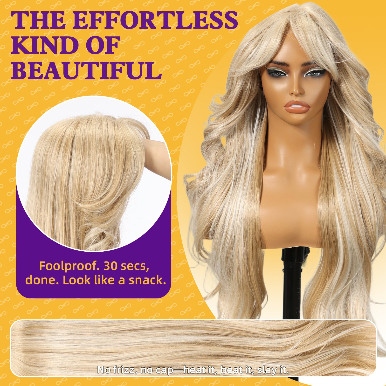 KOME Blonde Synthetic Lace Front Wig, T Part Glueless Layered Wavy Wigs With Bangs, Heat Resistant Wigs For Women Daily Party Use 26IN