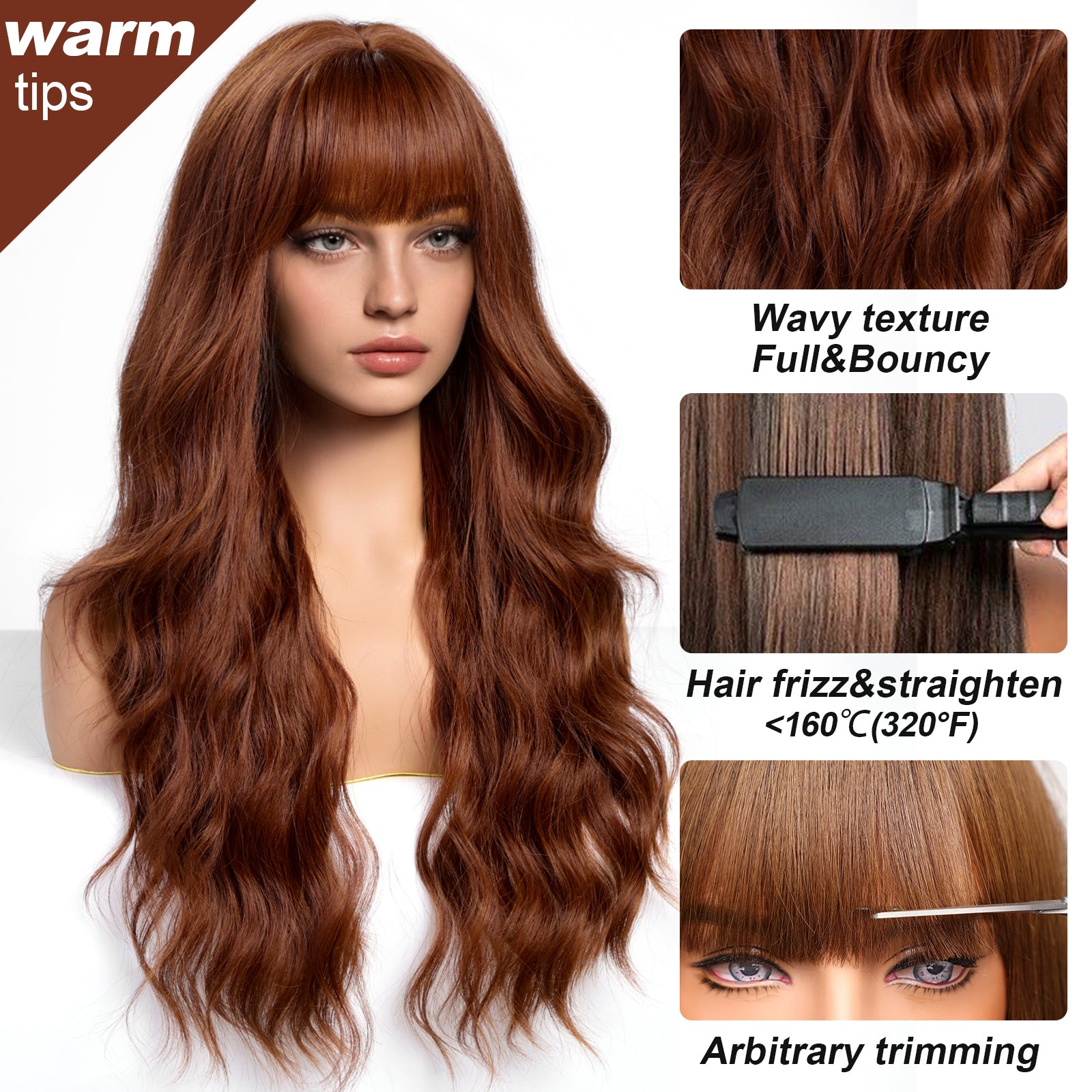 Auburn Wigs with Bangs,Copper Red Long Wavy Wig for Women,Long Curly Synthetic Hair Wig for Party Daily Use 26IN