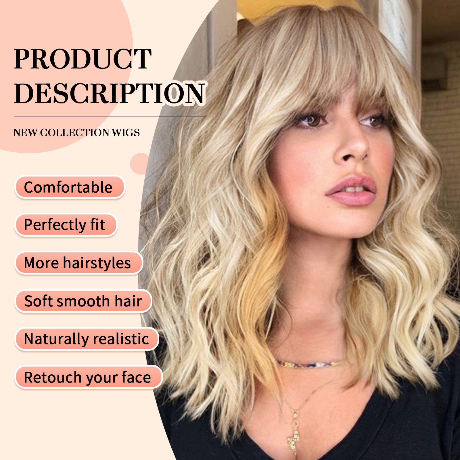 KOME Curly Bob Wig with Bangs Short Wavy Ombre Blonde Wigs for Women Bob Style Synthetic Heat Resistant Bob Wigs 14IN