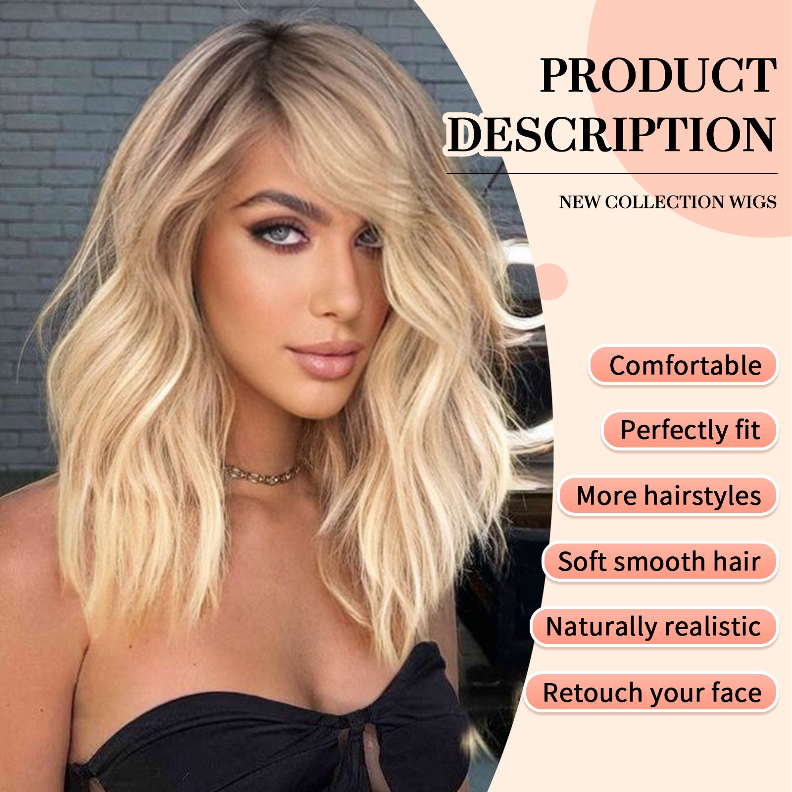 KOME Ombre Blonde Wig with Bangs,Blonde Highlight Wavy Wigs for Women,Shoulder Length Curly Synthetic Hair Wig for Party Daily Use 18IN