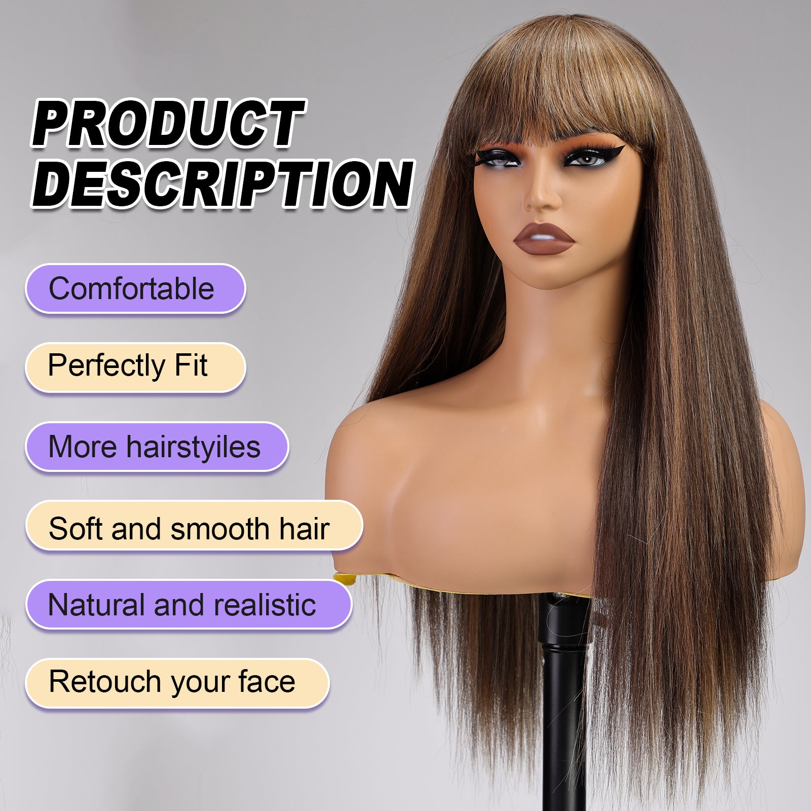 KOME Brown Wigs for Women,Brown Highlight Yaki Straight Glueless Synthetic Long Silk Natural Wig with Bangs Heat Resistant Fiber 26IN