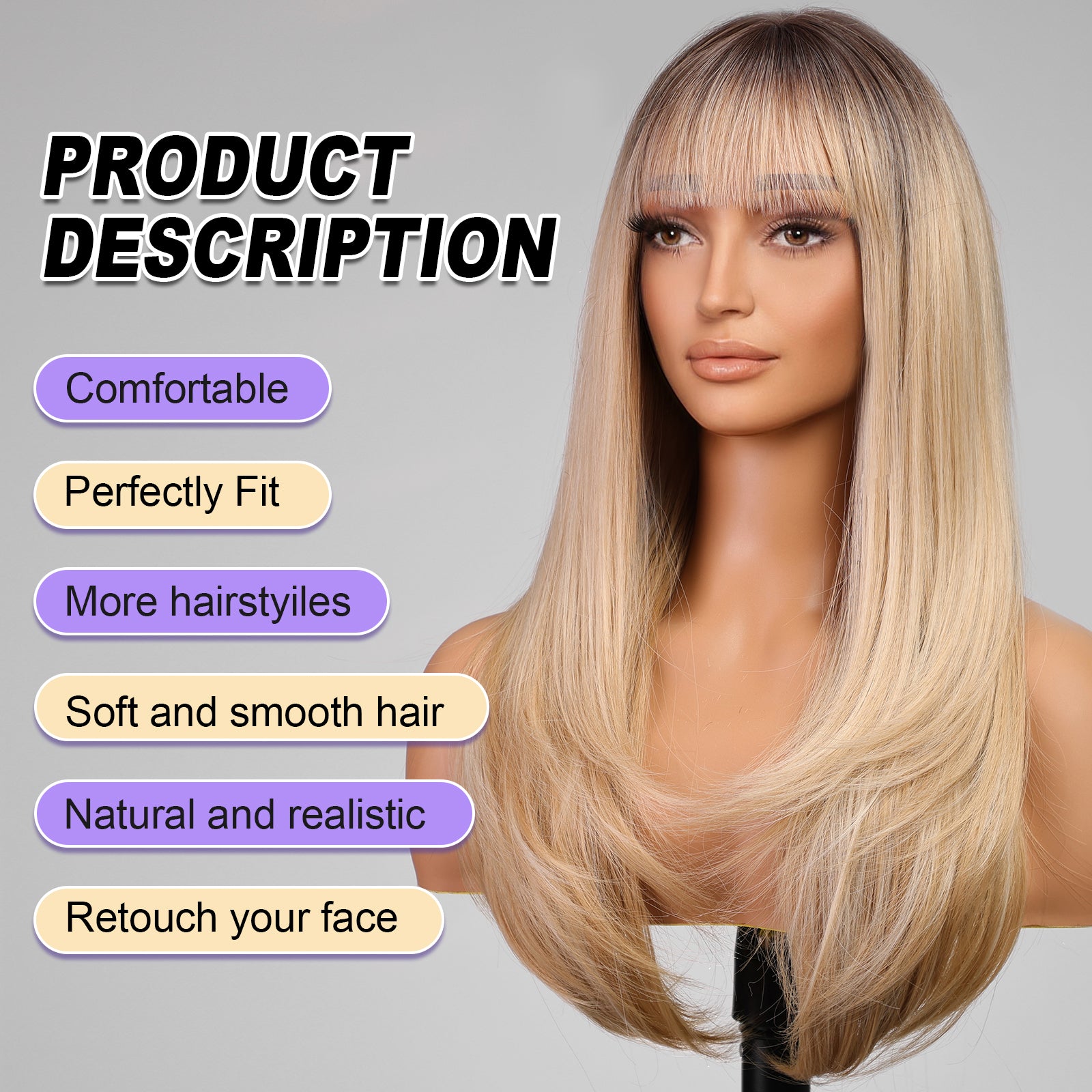 Ombre Blonde Long Layered Wig with Bangs,Straight Hair Wigs for Women,Synthetic Heat Resistant Natural Looking Hair Wig for Party Cosplay Dality Use