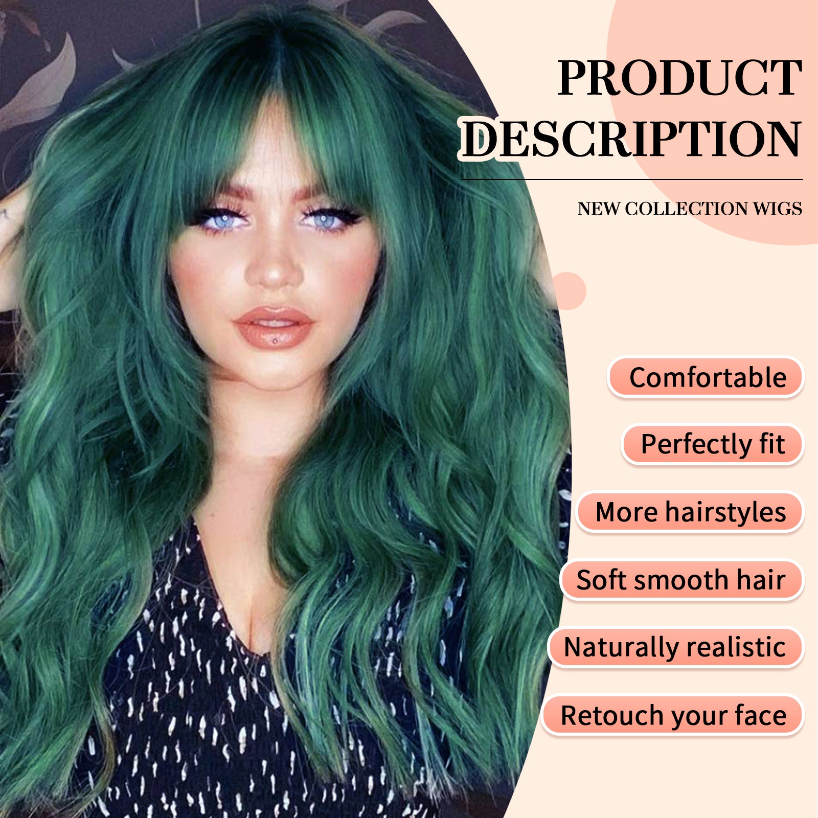 Green Wigs with Bangs,Green Wig for Women Highlight Wavy Wig,Long Curly Wigs Synthetic Hair Wig for Party Cosplay Daily Use 26IN