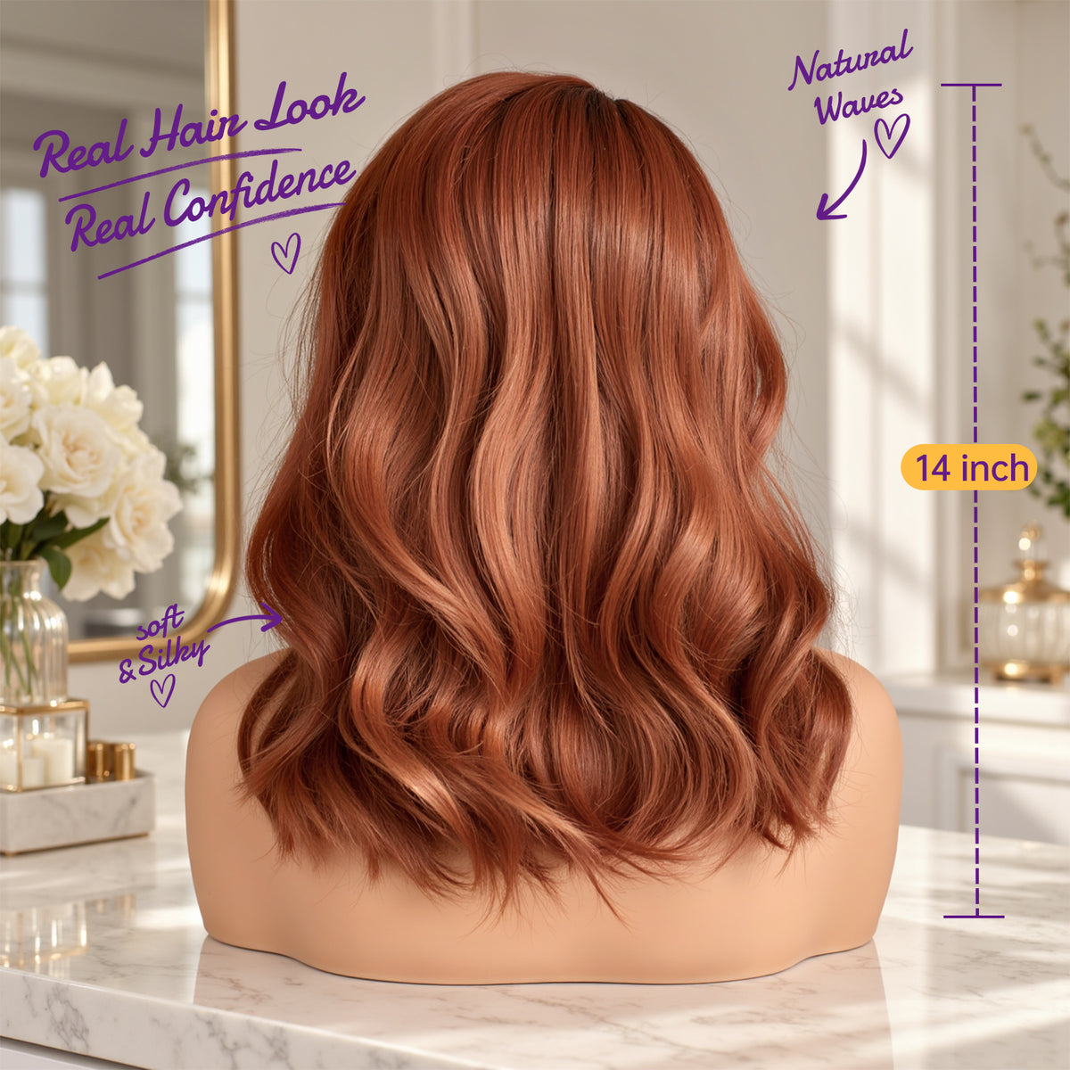 KOME Auburn Synthetic Lace Front Wig,Shoulder Length Short Glueless Bob Wig,T Part Ginger Curly Lace Wigs for Women Daily Use 16IN (#TT33/130B)
