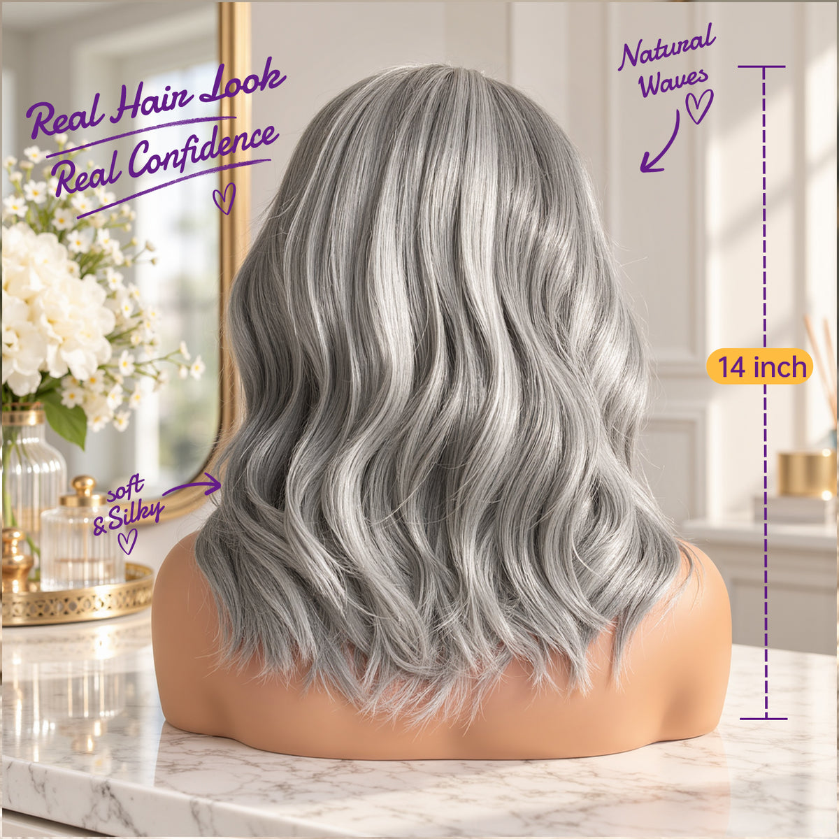 KOME Grey Synthetic Lace Front Wig,Shoulder Length Short Glueless Bob Wig,T Part Curly Lace Wigs for Women Daily Use 16IN (#261HL)