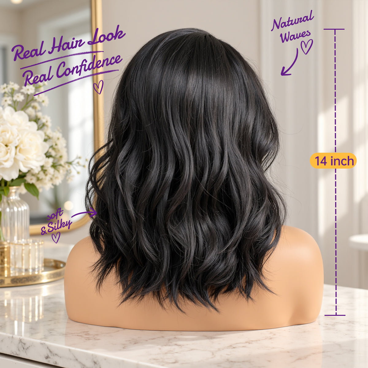 KOME Black Synthetic Lace Front Wig,Shoulder Length Short Glueless Bob Wig,T Part Curly Lace Wigs for Women Daily Use 16IN (1B)