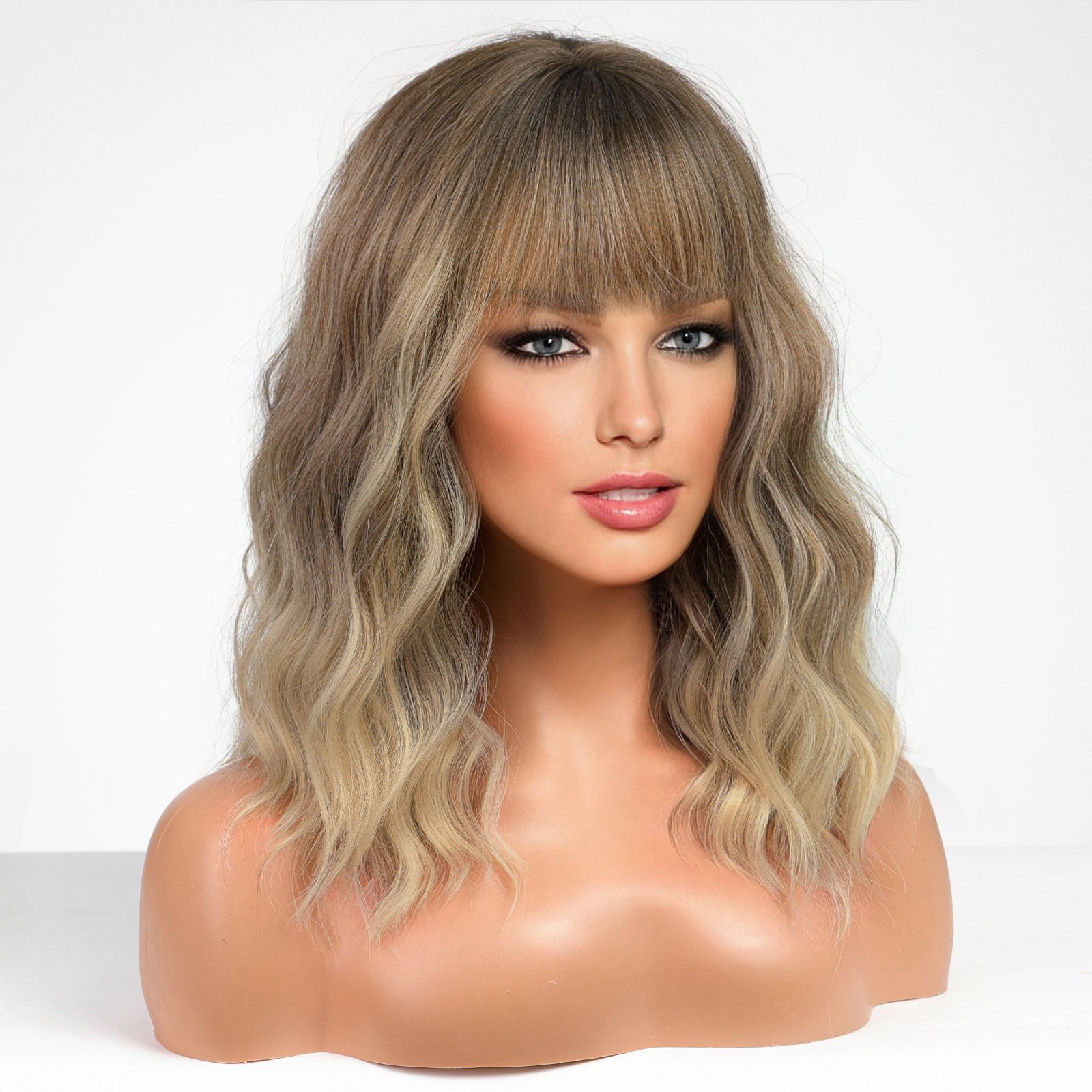 KOME Curly Bob Wig with Bangs Short Wavy Blonde Highlight Wigs for Women Bob Style Synthetic Heat Resistant Bob Wigs 14IN